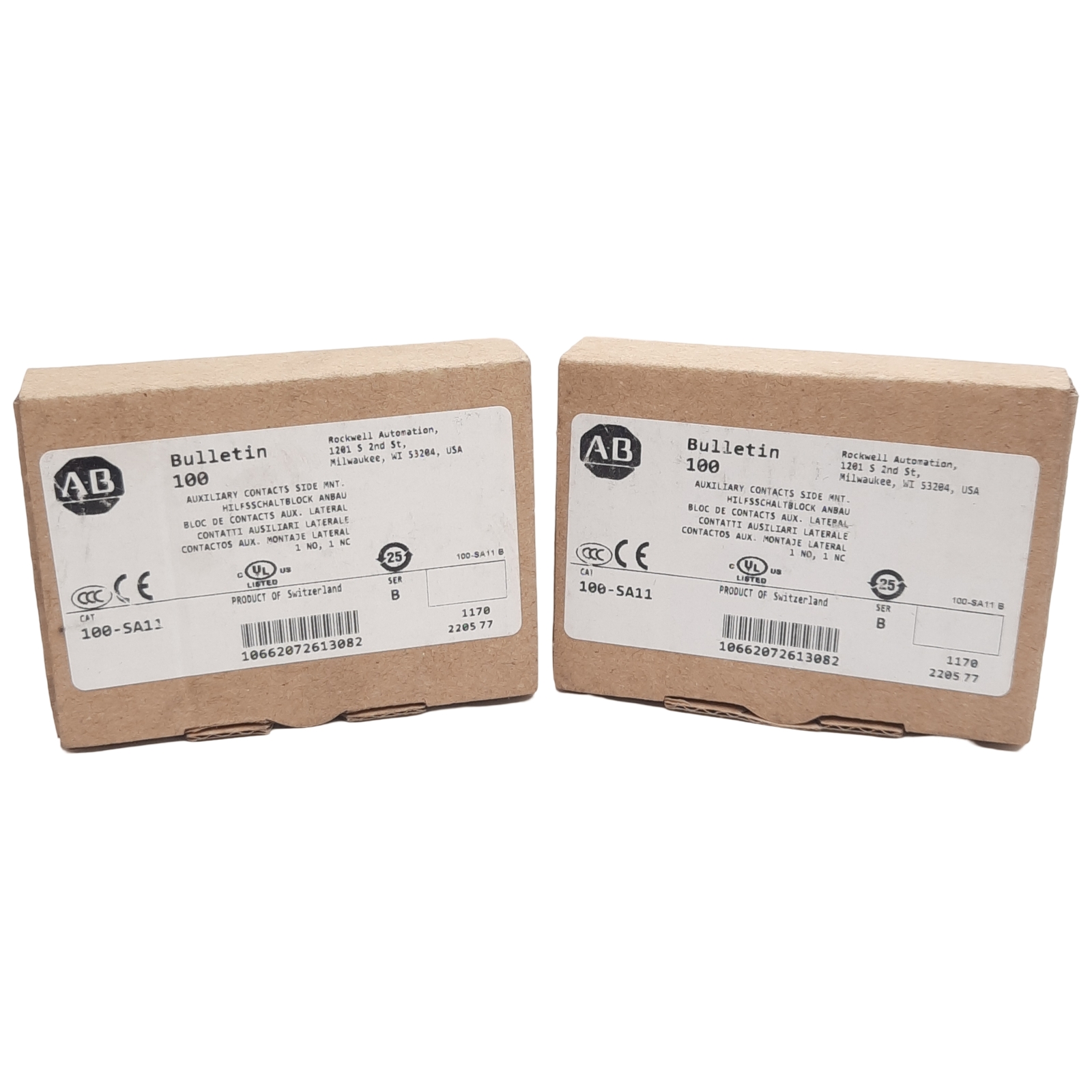 Lot of 2 Allen Bradley 100-SA11 Auxiliary Contact Block, 2P 1NO + 1NC 600VAC 10A