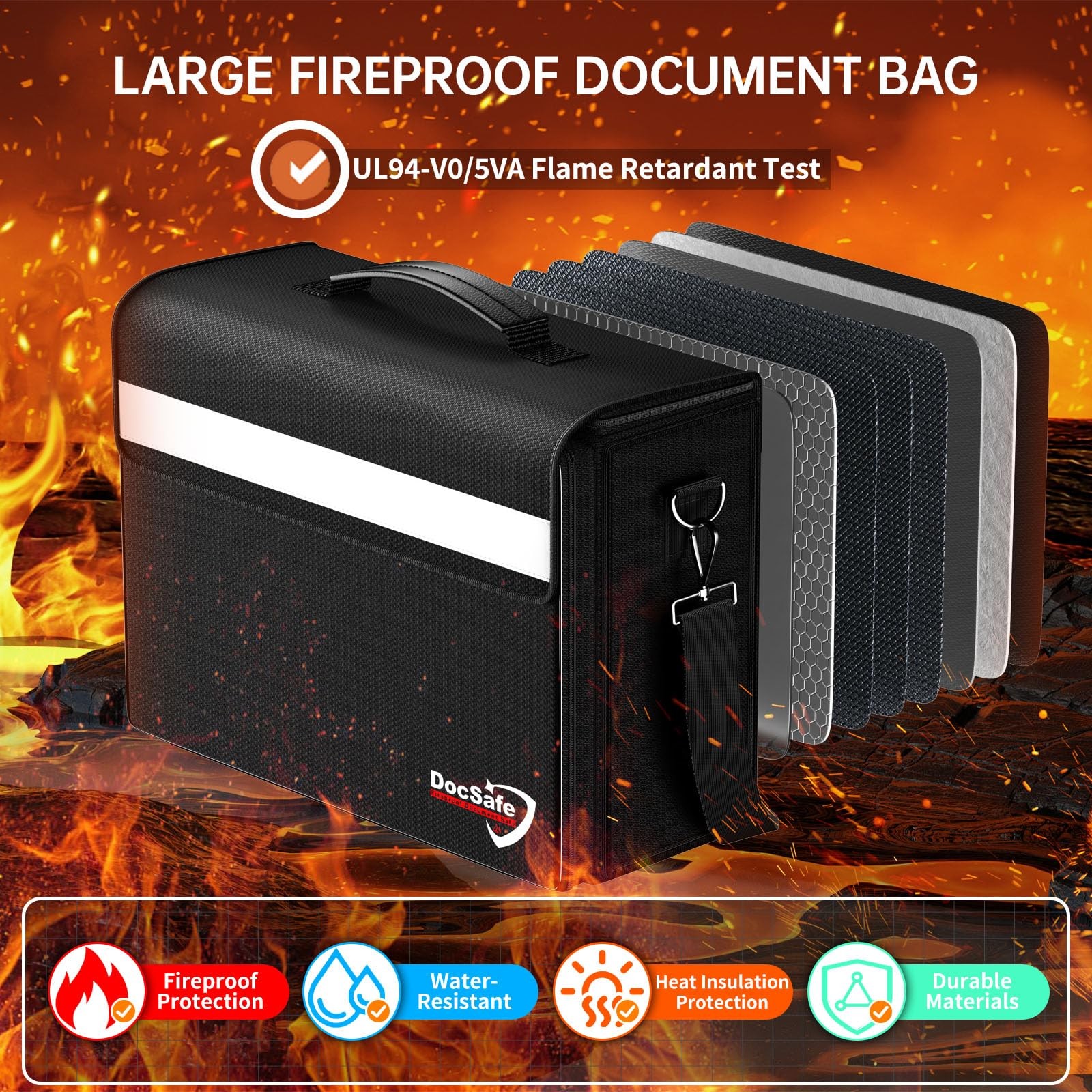 Fireproof Document Bag with Multiple Pockets,5200°F Large (17”x12.5”x7.2”) Fi...