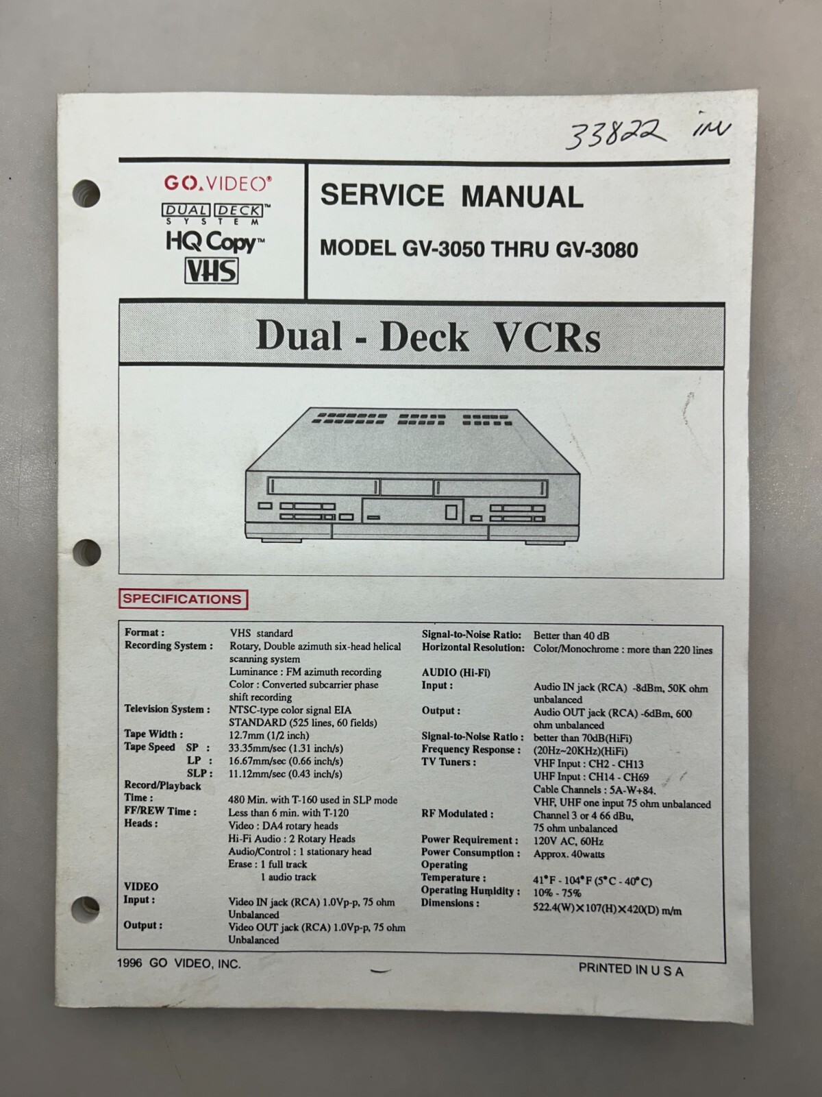 Go Video GV-3030 3080 Original Service Manual Free Shipping