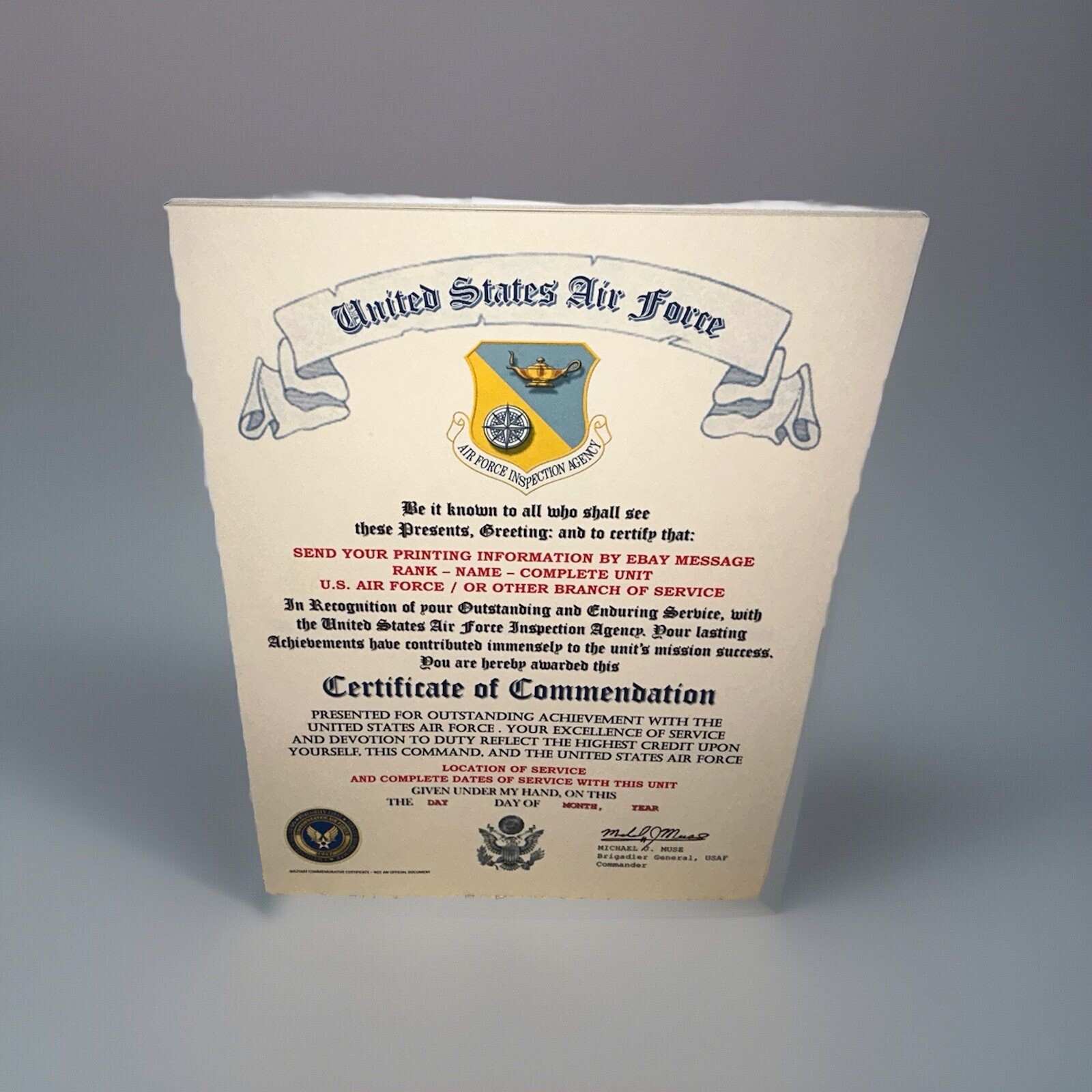 U.S.A.F. / AIR FORCE INSPECTION AGENCY - CERTIFICATE OF COMMENDATION