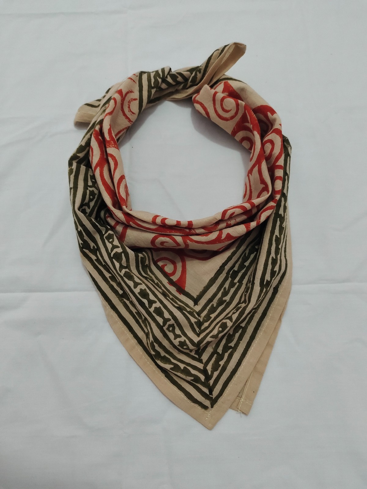 Vintage Hand Block Printed Cotton Bandana Scarf – Red & Olive Green Swirl Patter