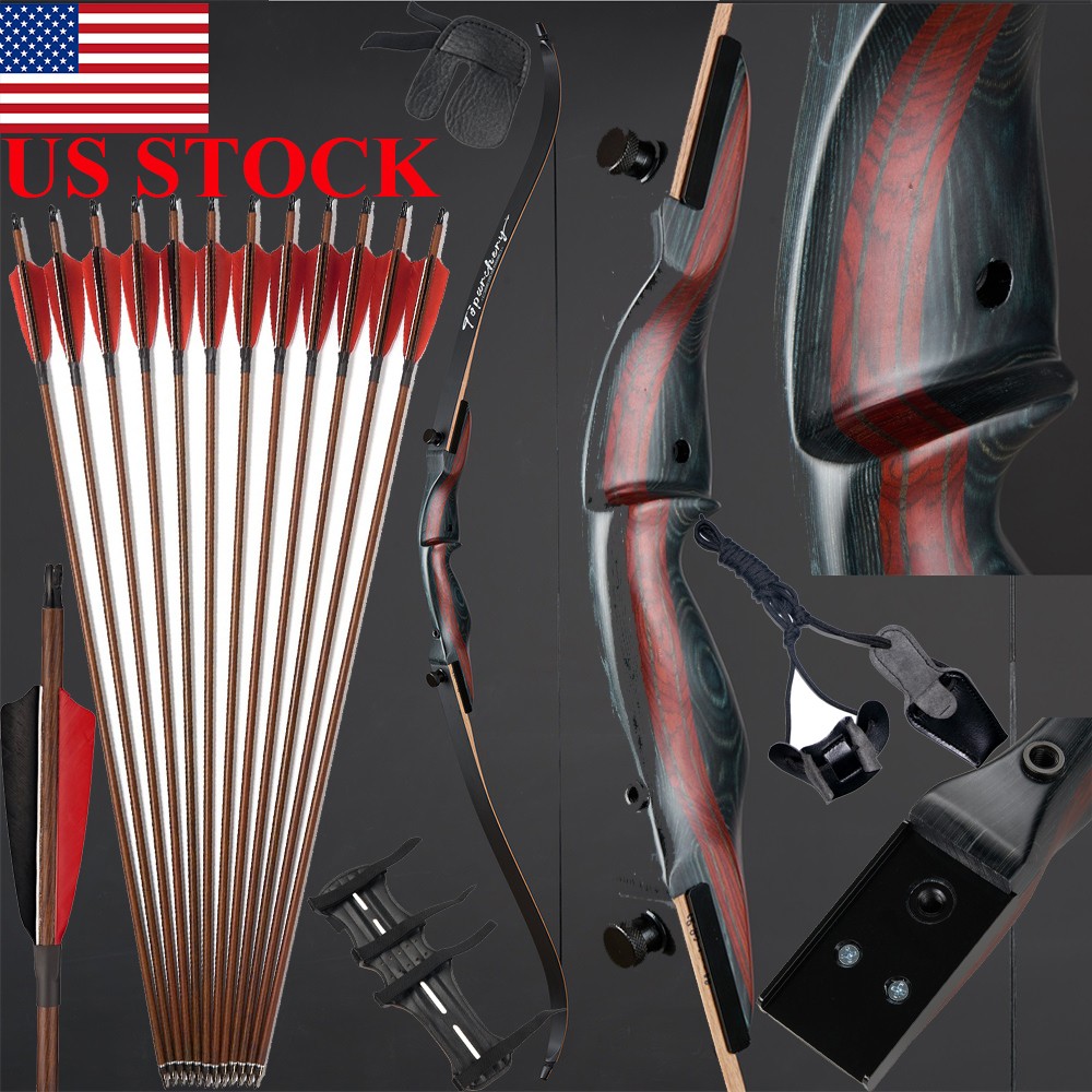 62" Archery Takedown Recurve Bow & Carbon Arrows Wooden Riser for Hunting Target