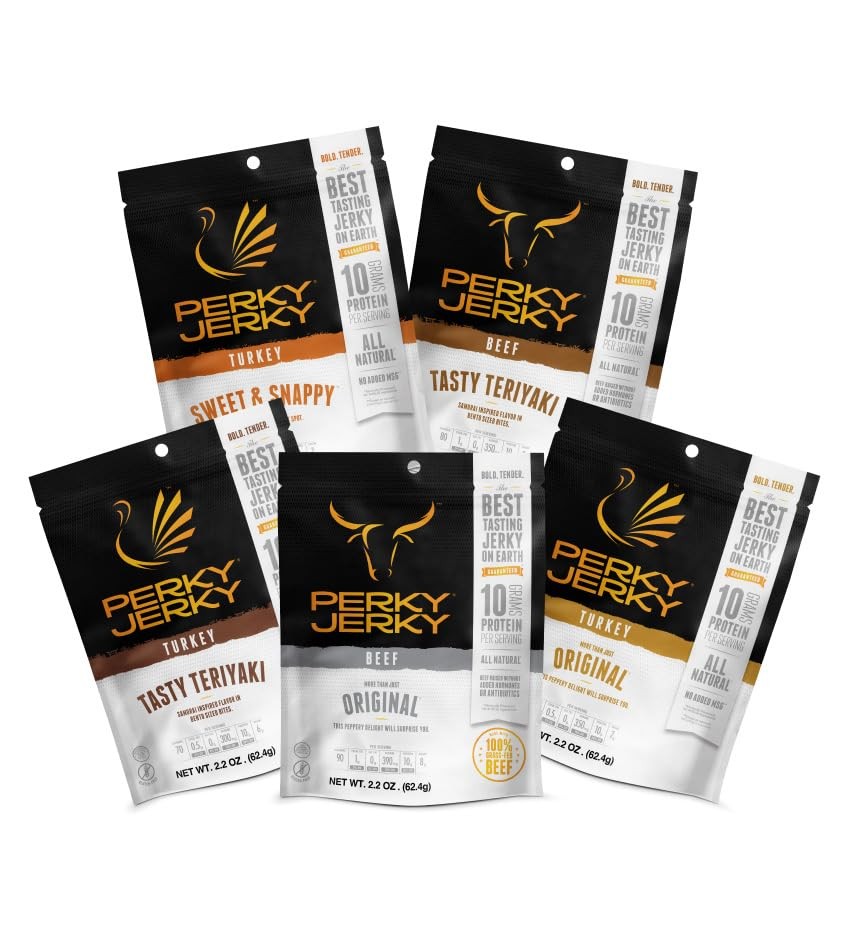 Perky Jerky Variety Pack 1oz Trial Bags, 5 Unique Beef and Turkey Flavors Pac...