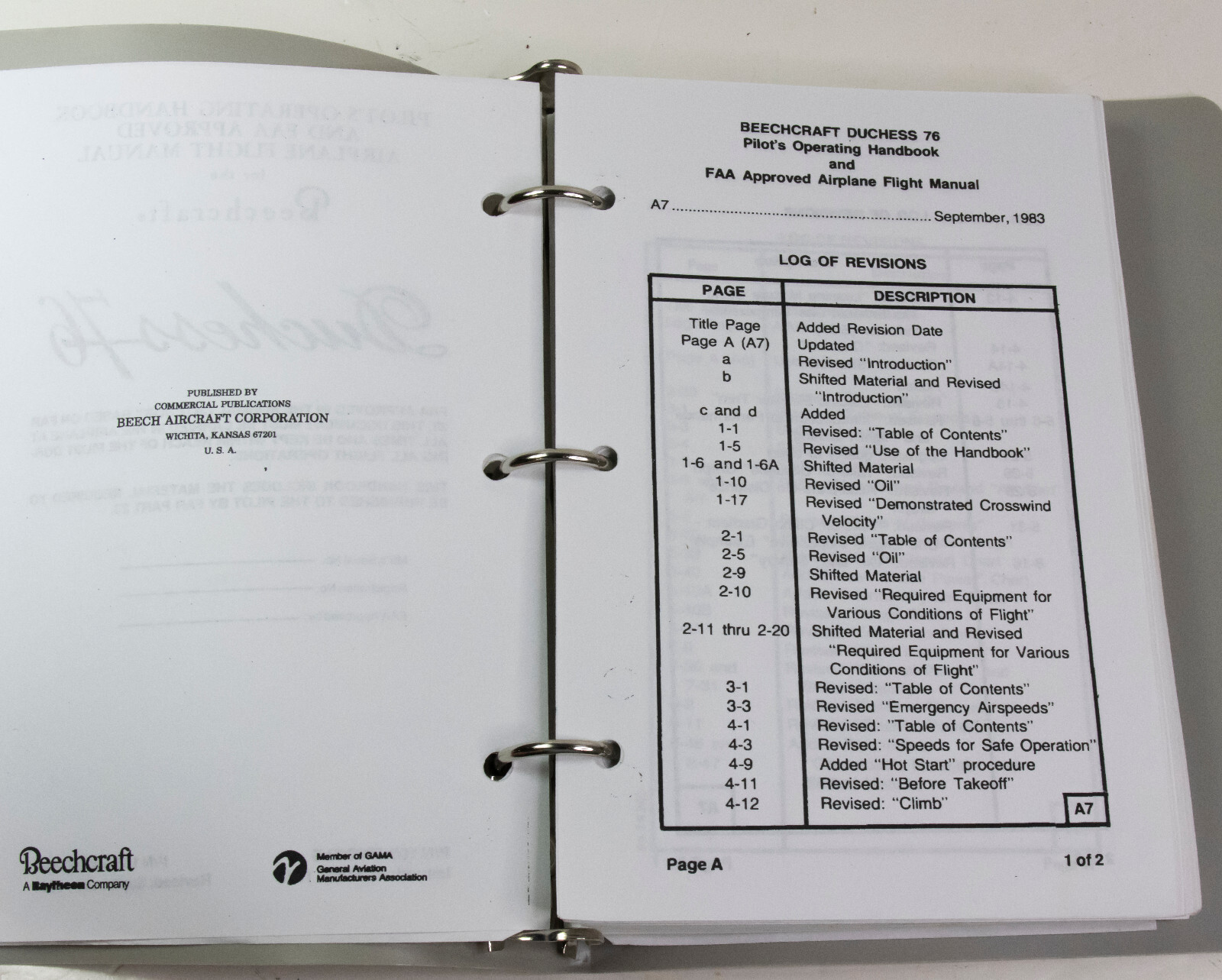 Beechcraft Dutchess 76 Pilot's Operating Handbook September 1983 edition