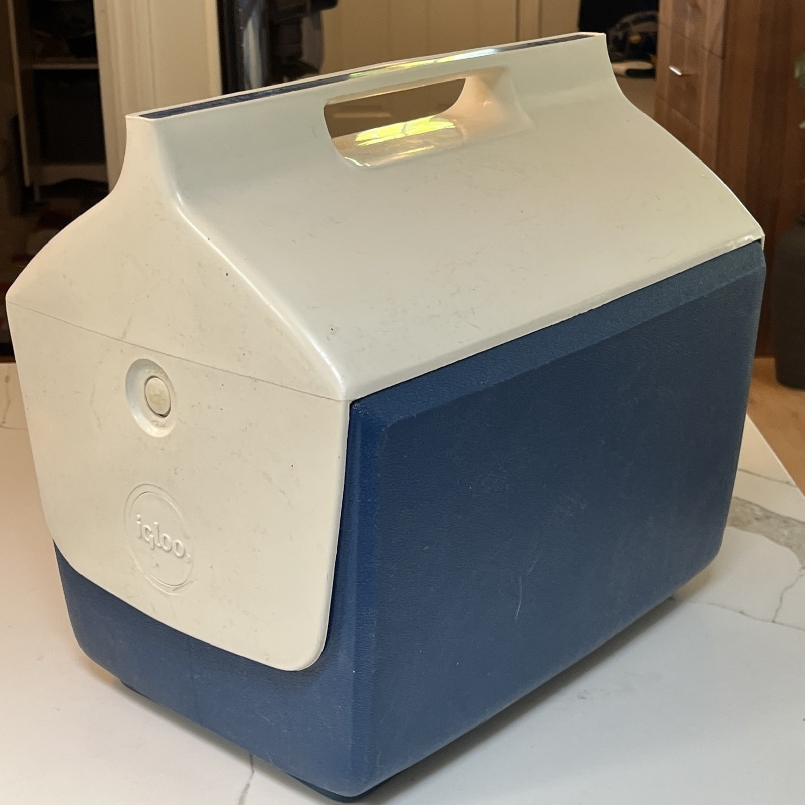 Vintage Blue & White Playmate Cooler By Igloo With Push Button Open