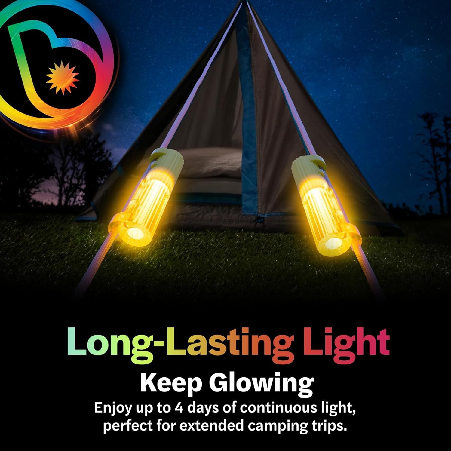 Brightz LED Tent String Lights - Keep Tent Guy-Lines Visible at Night - Campsite