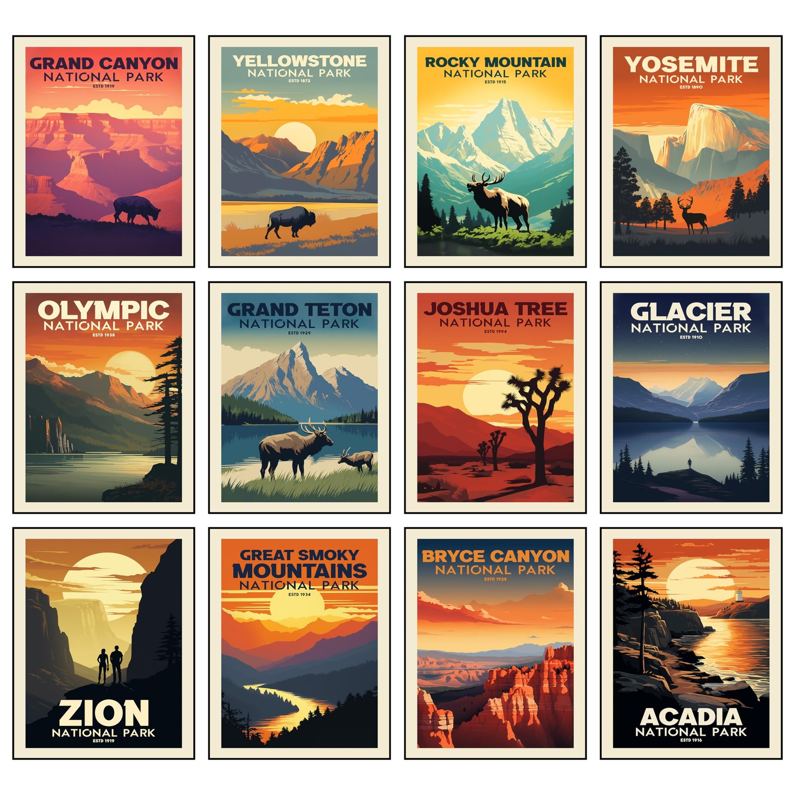 National Park Posters Set of 12 (11x14 inch) - Vintage Travel 11x14, SET 1