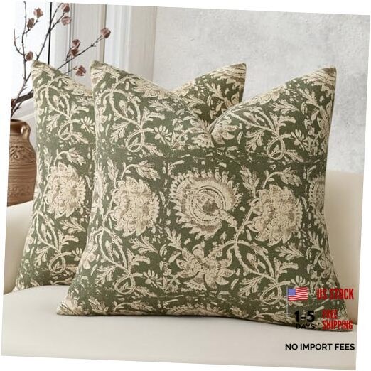Vintage Floral Print Throw Pillow Covers 20" x 20" (Pack of 2) Olive Green