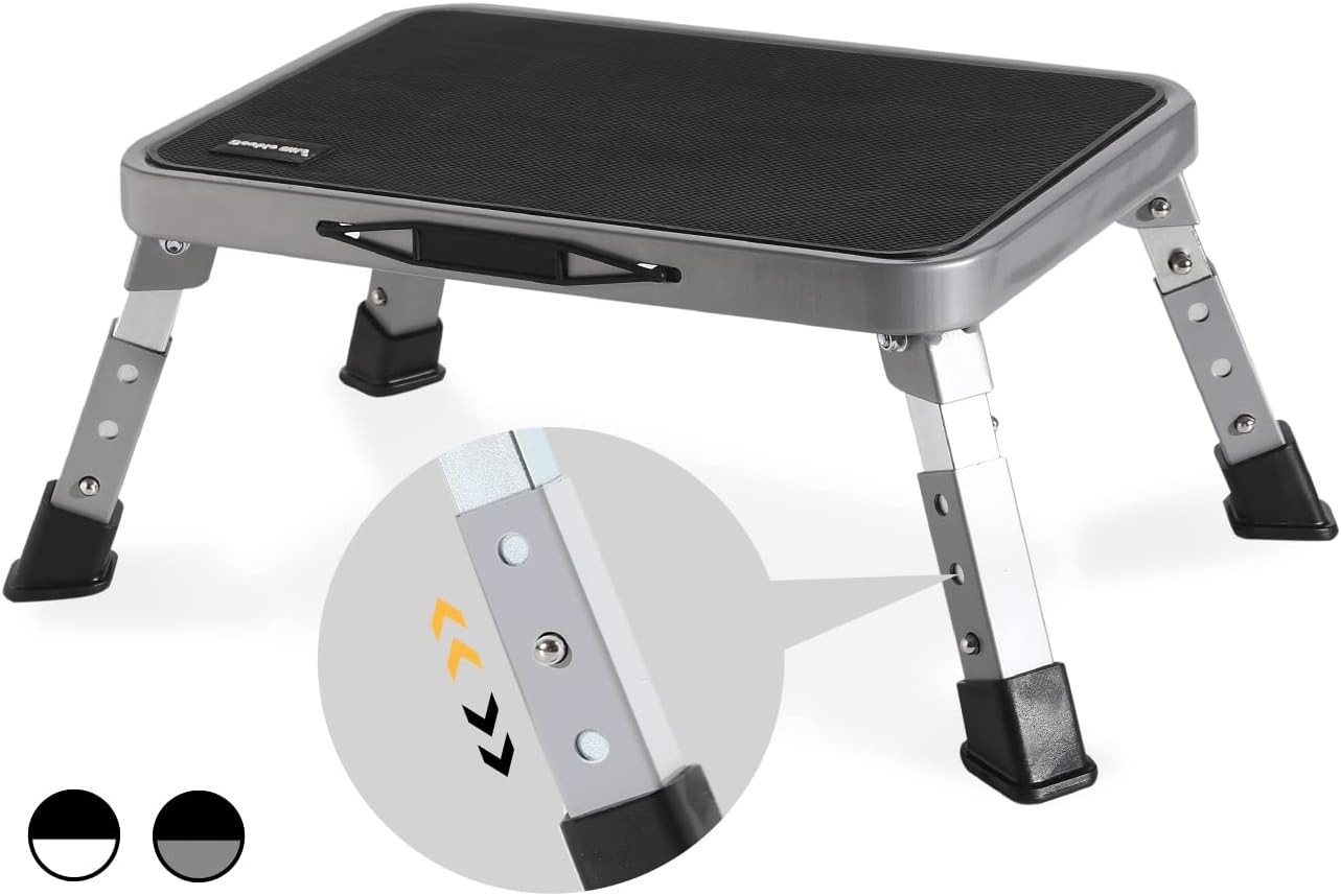 3 Levels Adjustable Folding Step 3 Height 7/8/9", Gray/Black