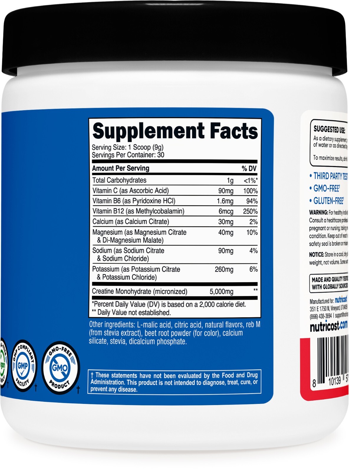 Nutricost Creatine Monohydrate + Hydration Fruit Punch Flavored, 30 Servings