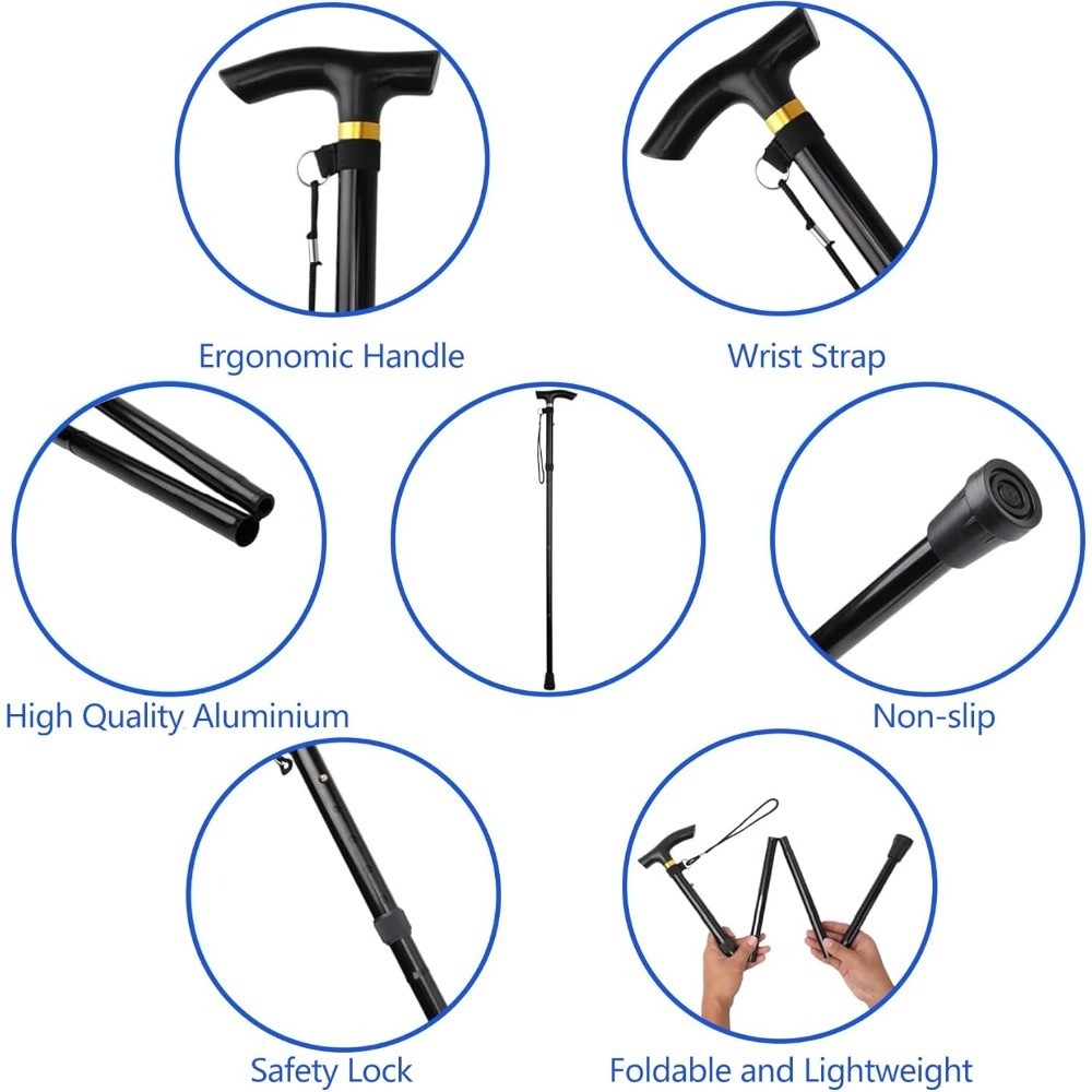 Folding Walking Cane Adjustable Height 5 Levels Portable Lightweight Mobility