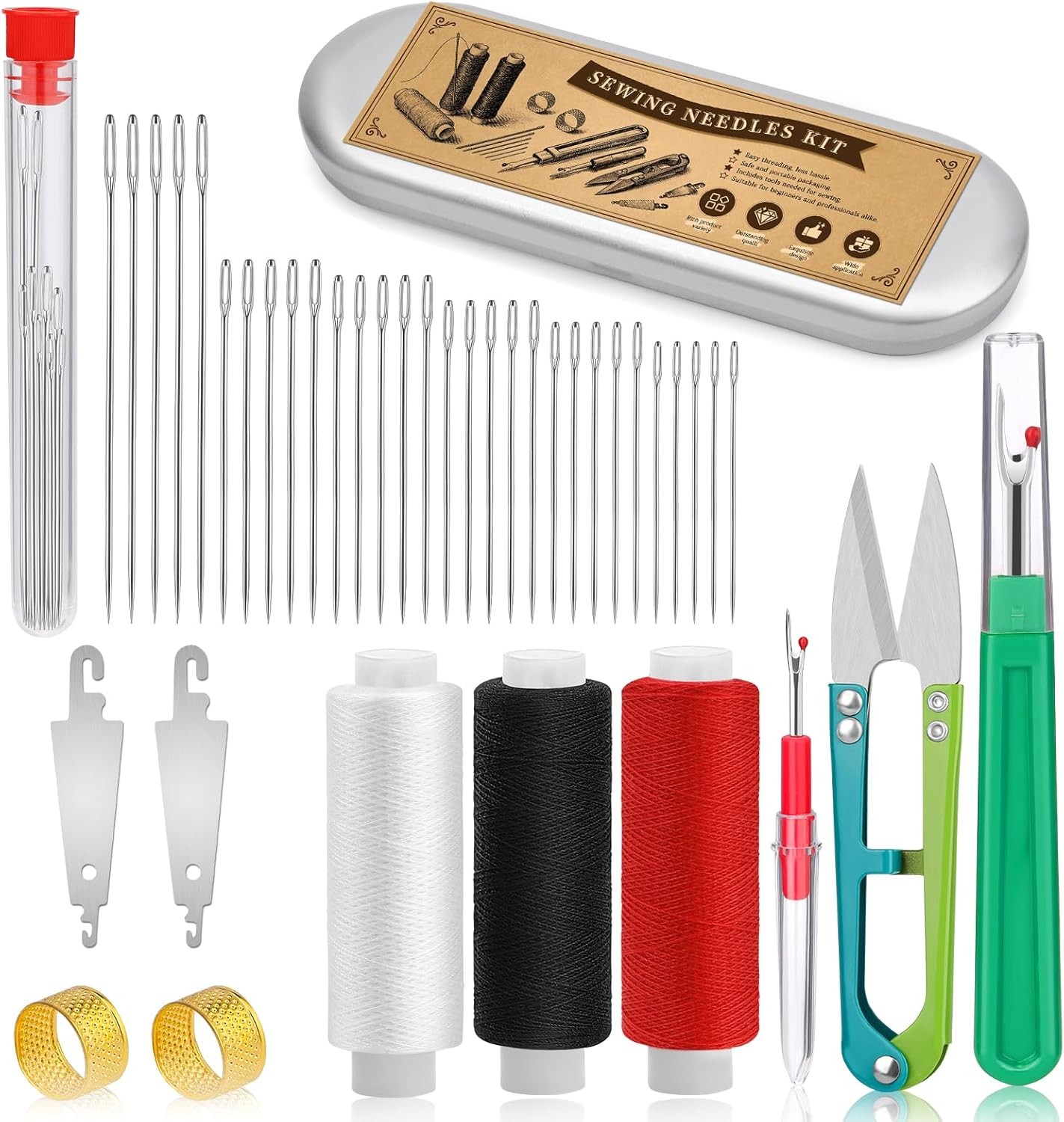 Big Eye Sewing Needles Kit 42 Pcs 6 Size Steel with Threader Embroidery Craft