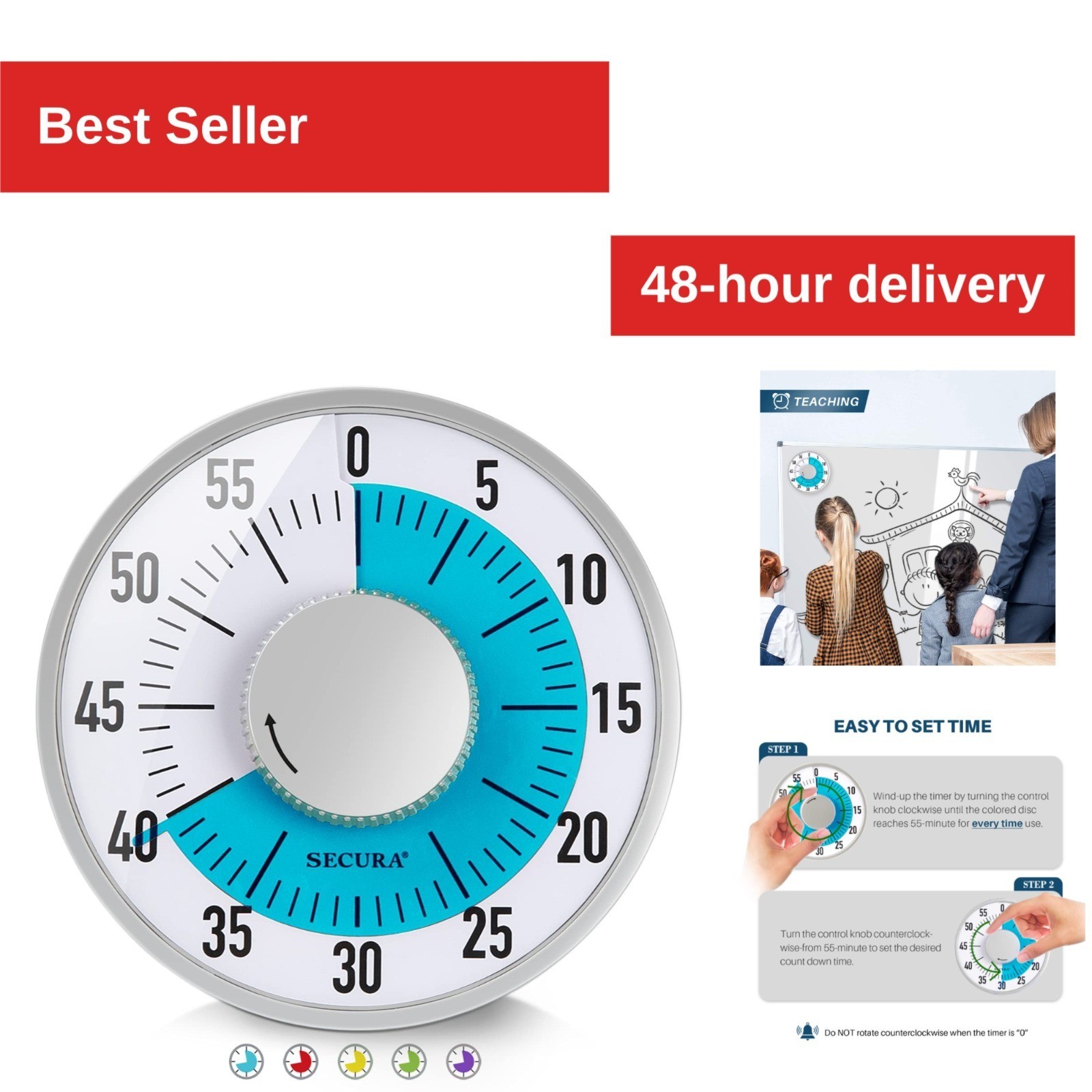Secura 60-Minute Visual Timer - Mechanical Countdown Timer for Kids