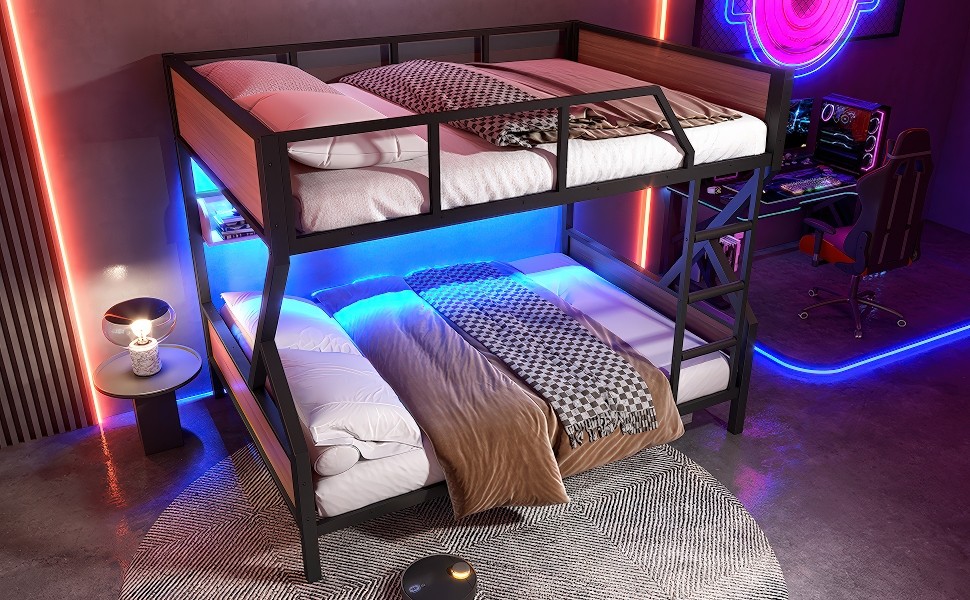 Metal Full over Full Bunk Bed with Storage Shelves Lights Space-saving Black New