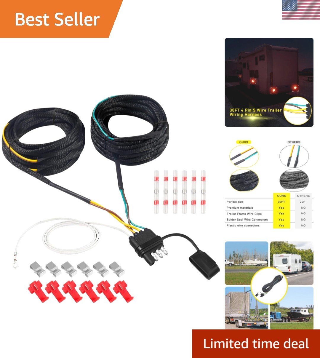 4 Pin 5 Wire Trailer Wiring Kit – 30FT of Tinned Copper for Corrosion Resistance