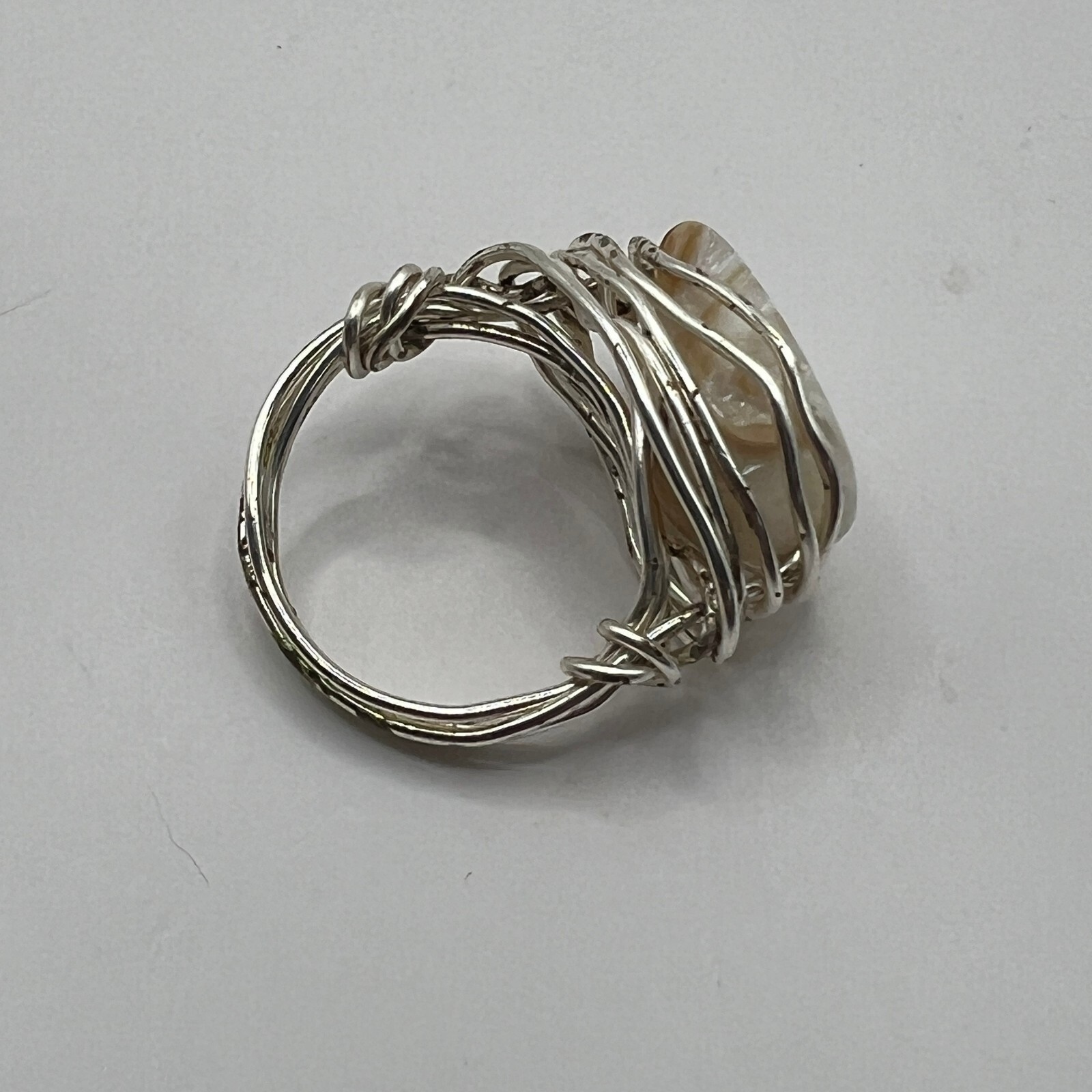 Artisan Silver Tone Wrap Ring White Stone Hand Made Size 6