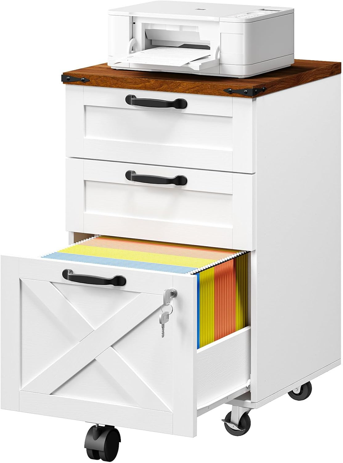 3 Drawer File Cabinet with Lock, Mobile Farmhouse Filing Cabinet