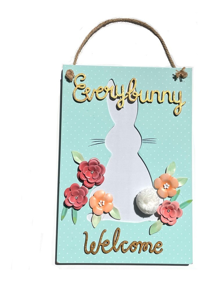 Celebrate Easter Fluffy Tail Bunny & Metal Flowers Wooden Art Decor 14" x 9.5"