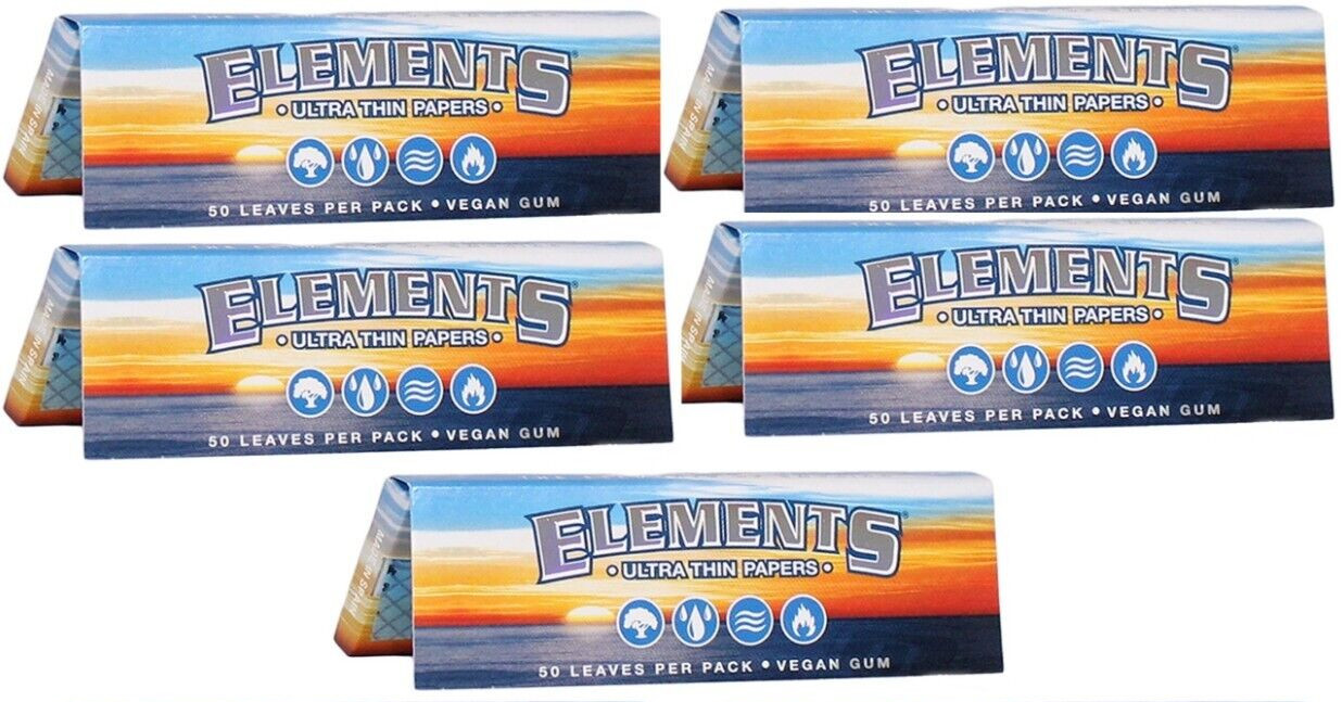 5x Elements 1 1/4 Rolling Papers NEW-NO MAGNET Ultra Thin  50/LVS FREE USA SHPD
