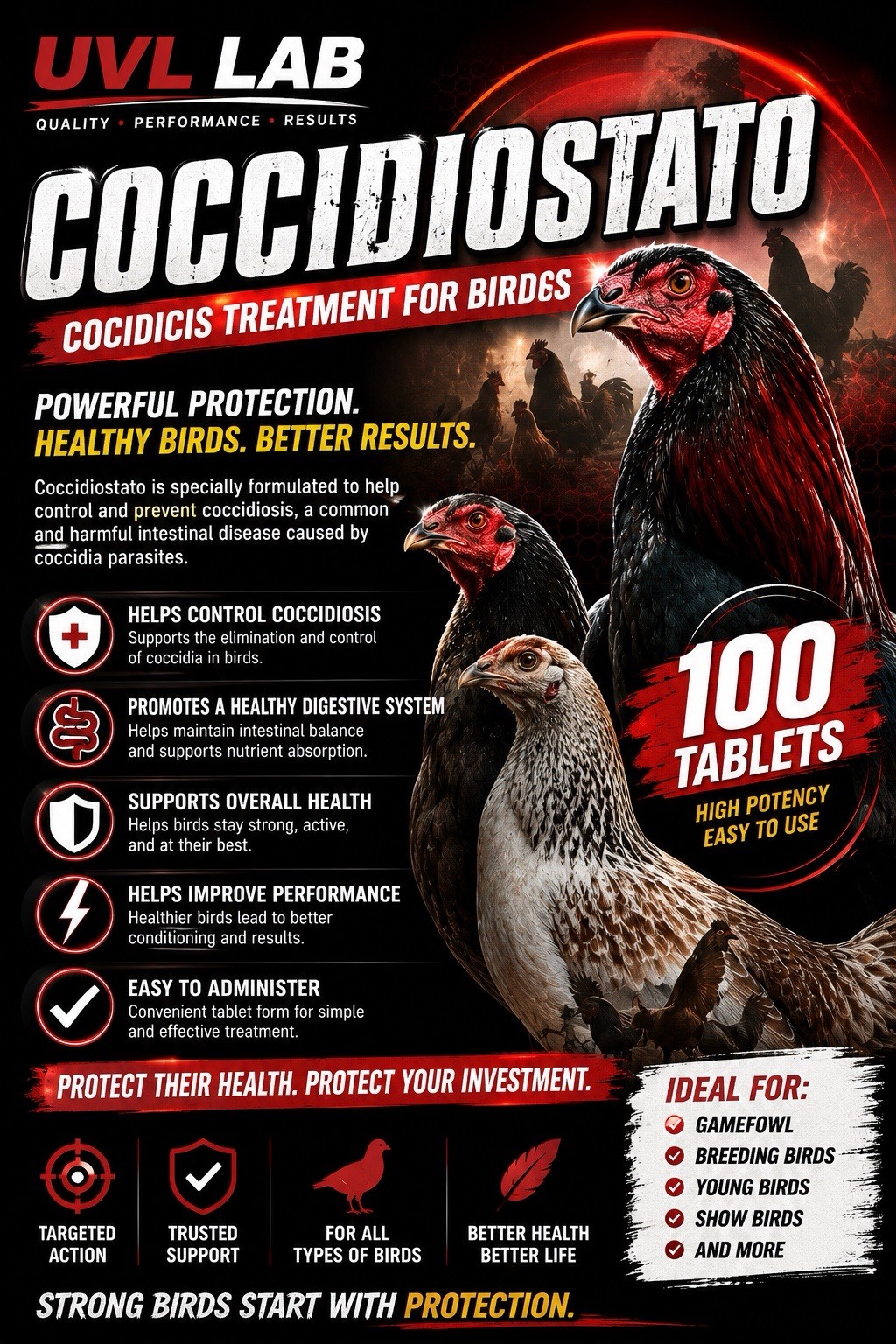UVL LAB Coccidiostato 100 Tablets Cocidicis Treatment for Birds