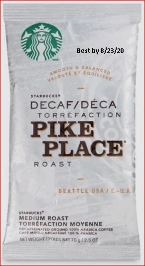 Starbucks Pike Place Decaf 2-1/2 oz Packet Coffee BB 8/23/20