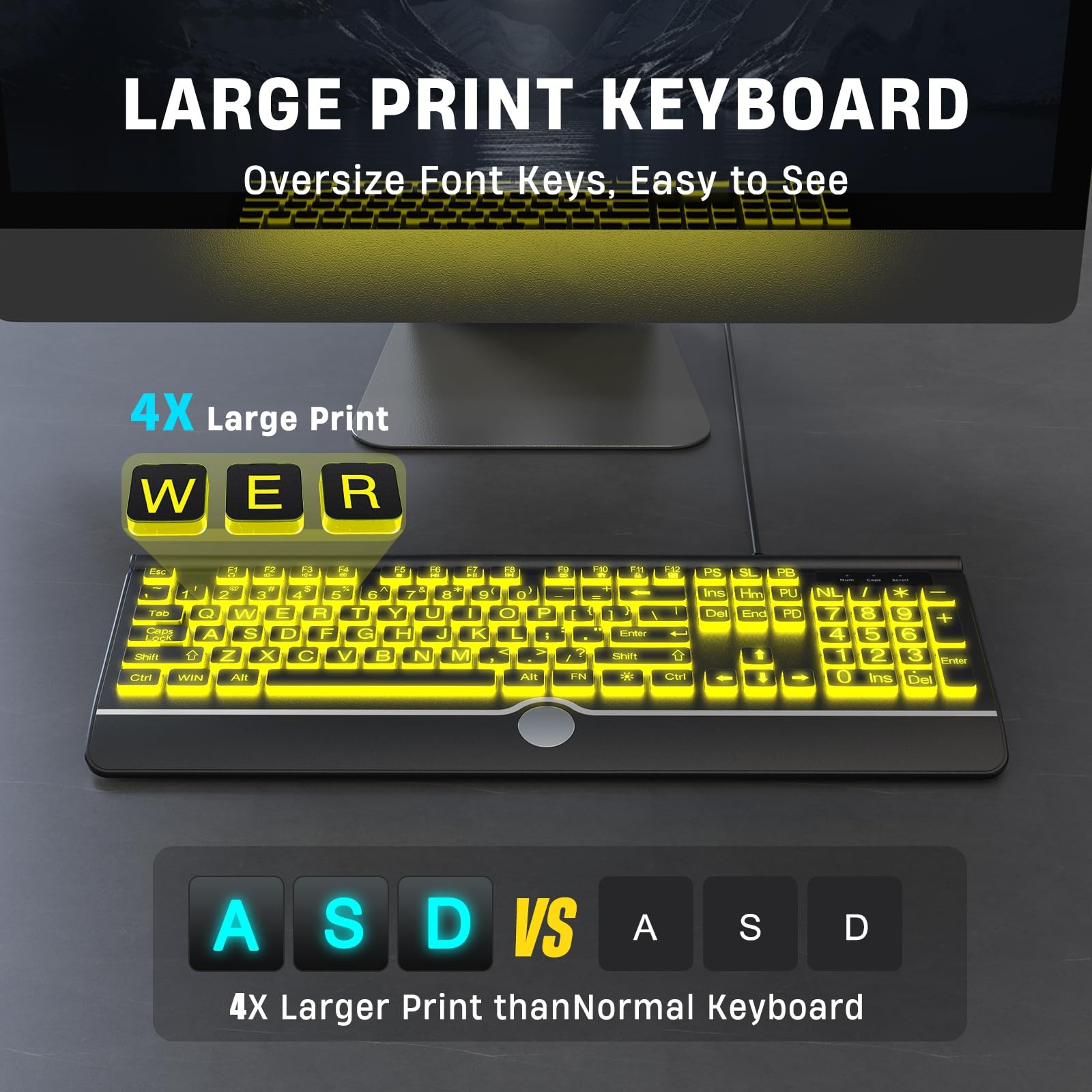 Computer Wired Keyboard, Large Print Backlit Keyboard with Wrist Rest, 7-Colors