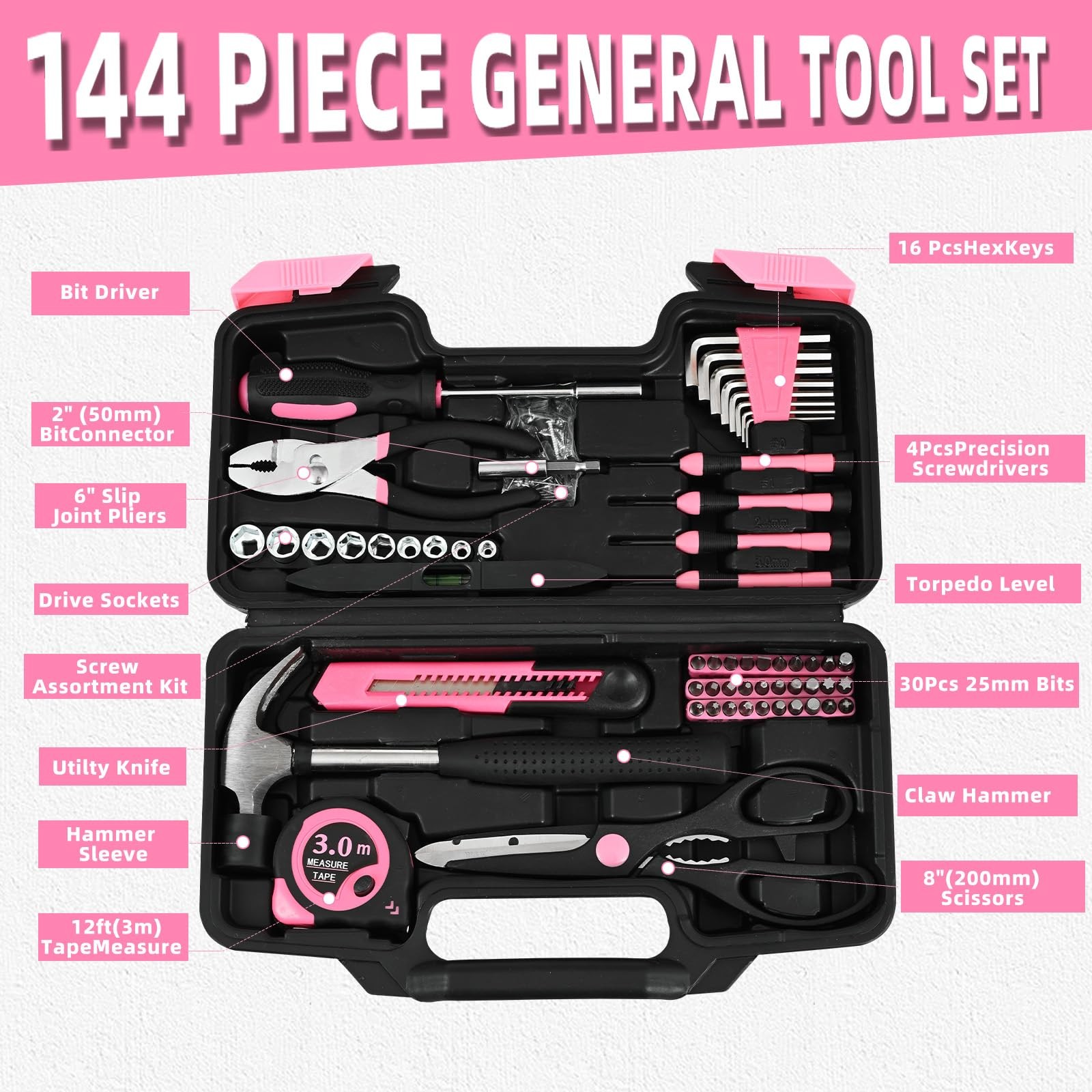 144-Piece Pink Tool Kit Basic Home Repair Tool Set General Household Hand Too...