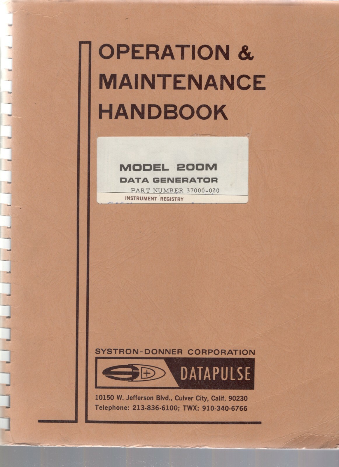 Datapulse Model 200M Data Generator Operation & Maintenance Handbook 37000-020