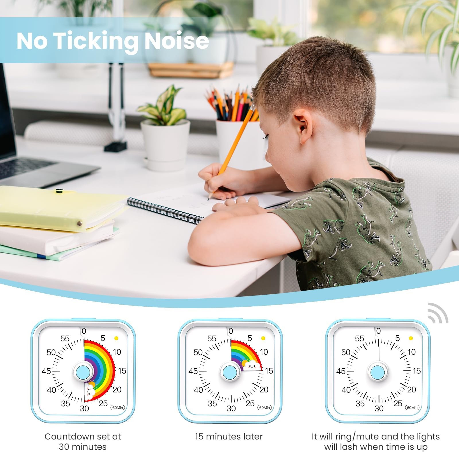 Visual Timer for Kids with Pause Function, Cute Silent Timer with Rainbow for...
