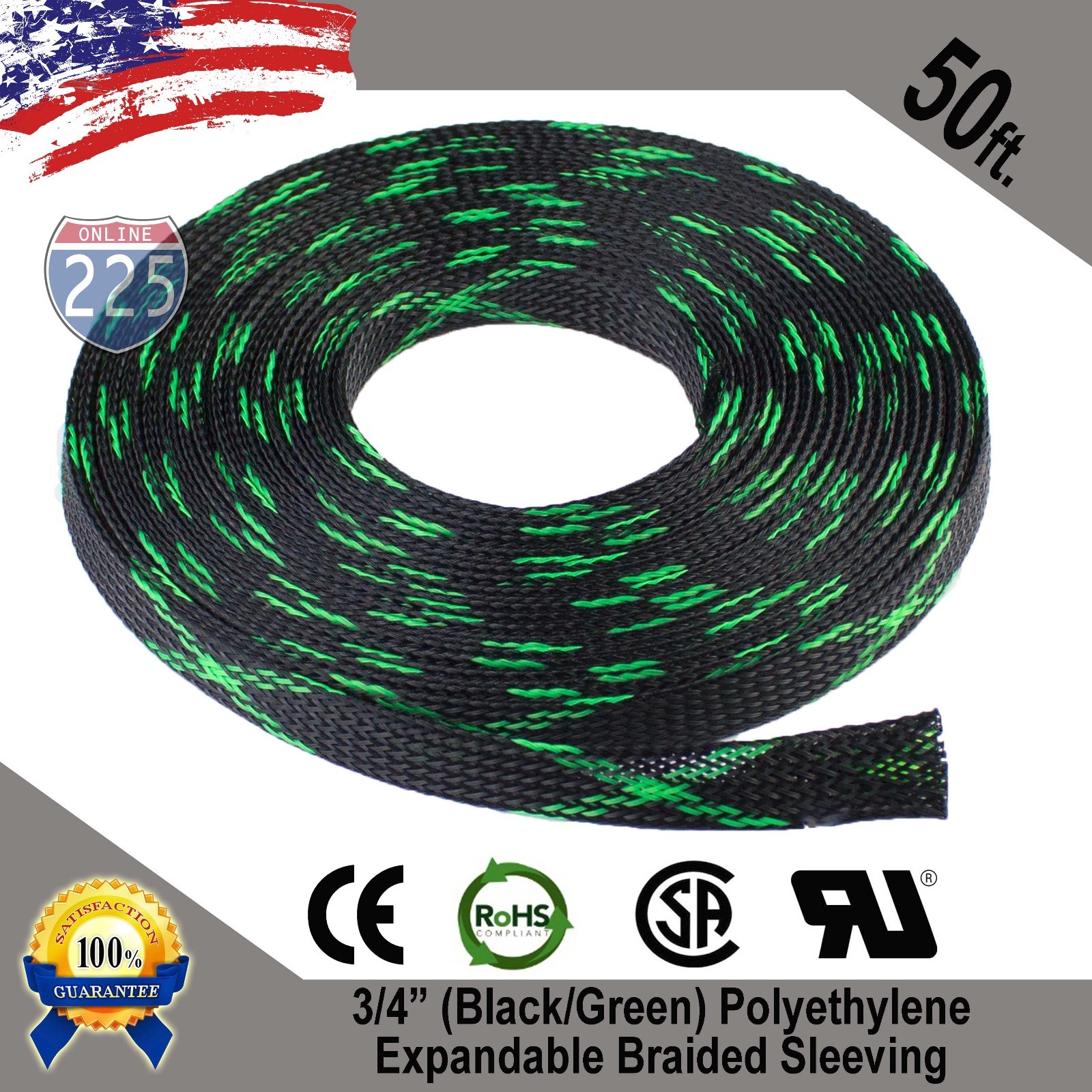 50 FT 3/4" Black Green Expandable Wire Sleeving Sheathing Braided Loom Tubing US