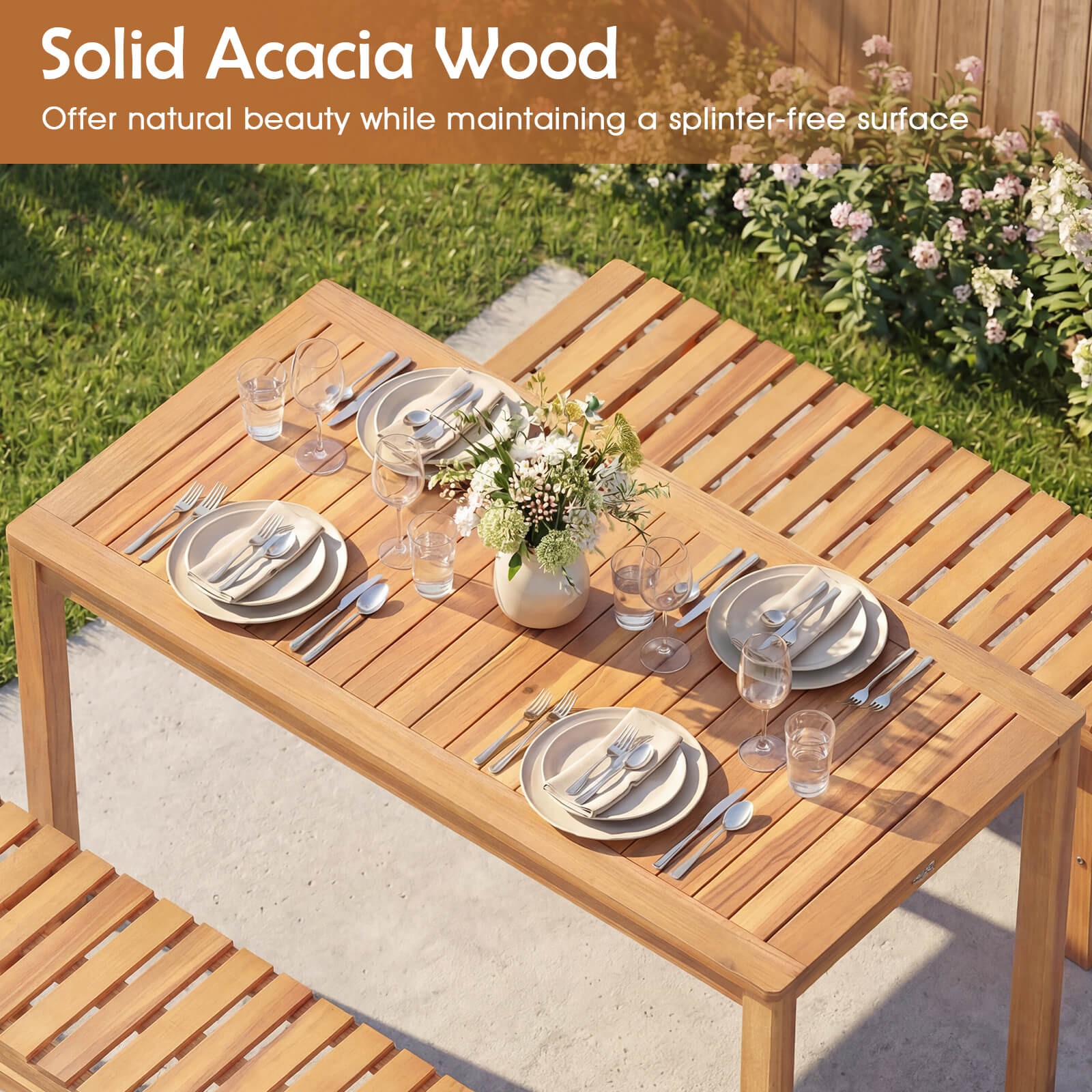 Outdoor Acacia Wood Dining Table w/Slatted Tabletop, for Garden, Balcony, Deck