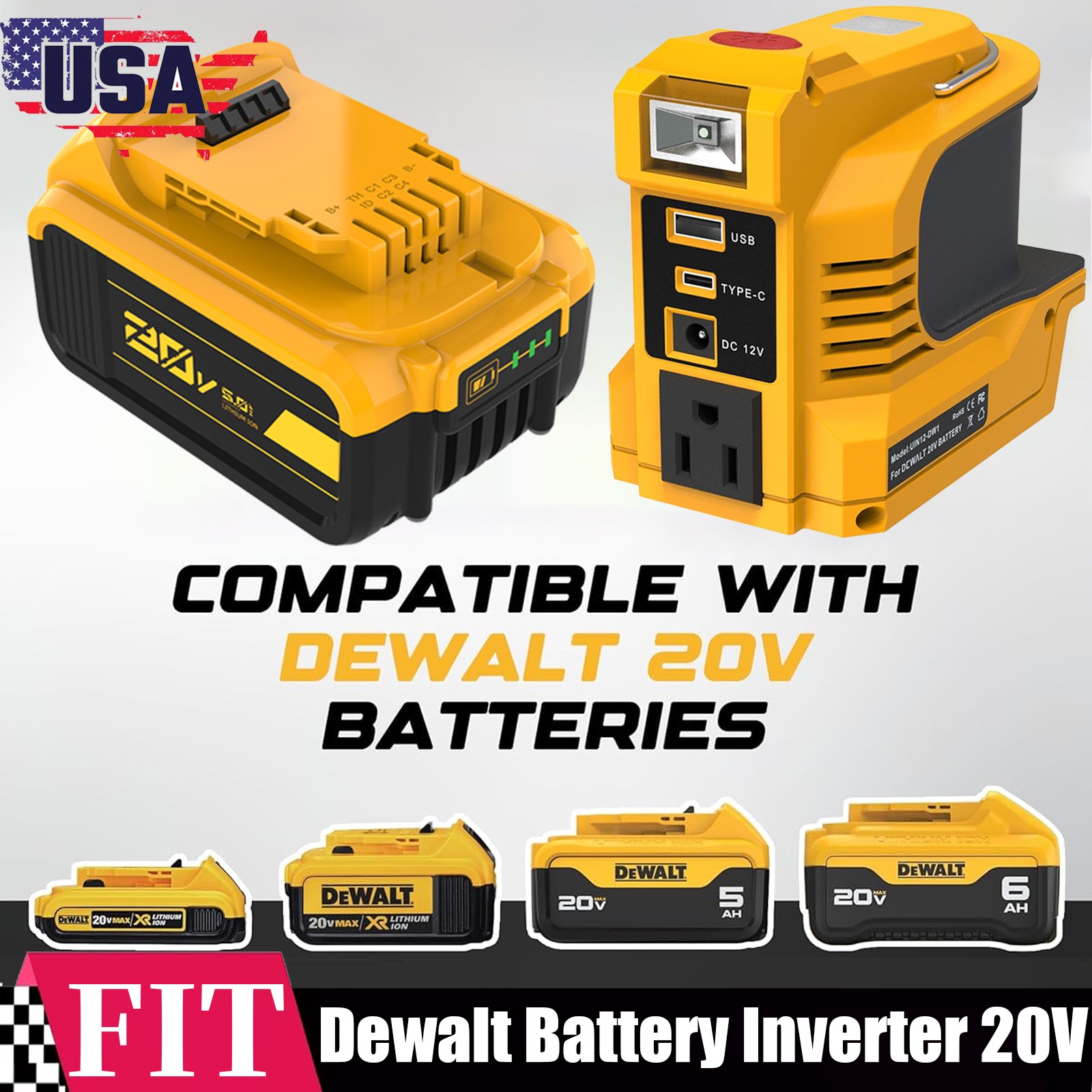 220W Power Inverter For DeWalt 20V 20 Volt Max 5.0AH Lithium Ion Battery DCB205