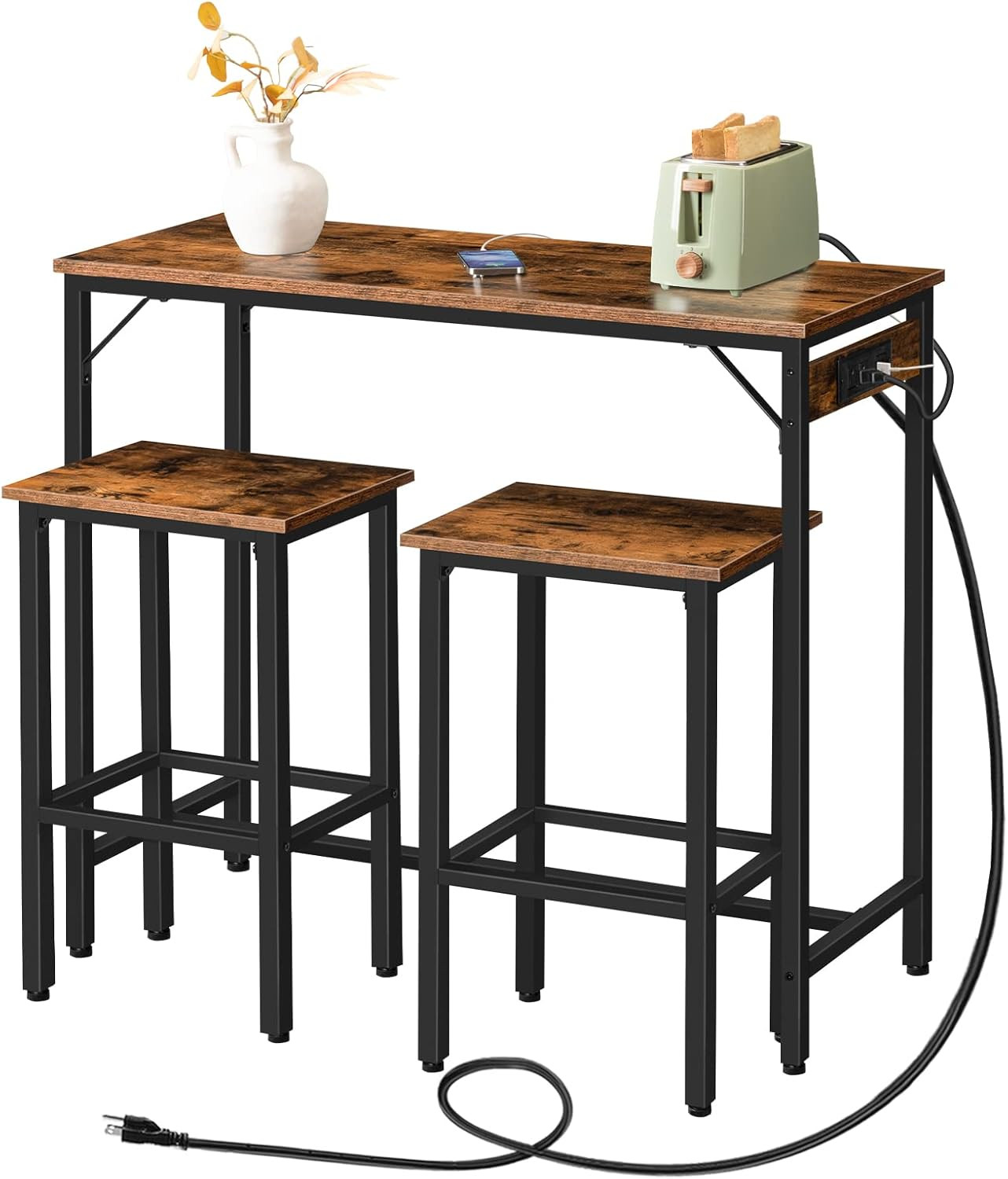 Rustic 3-Piece Bar Table Set with Power Outlet - Compact & Stylish