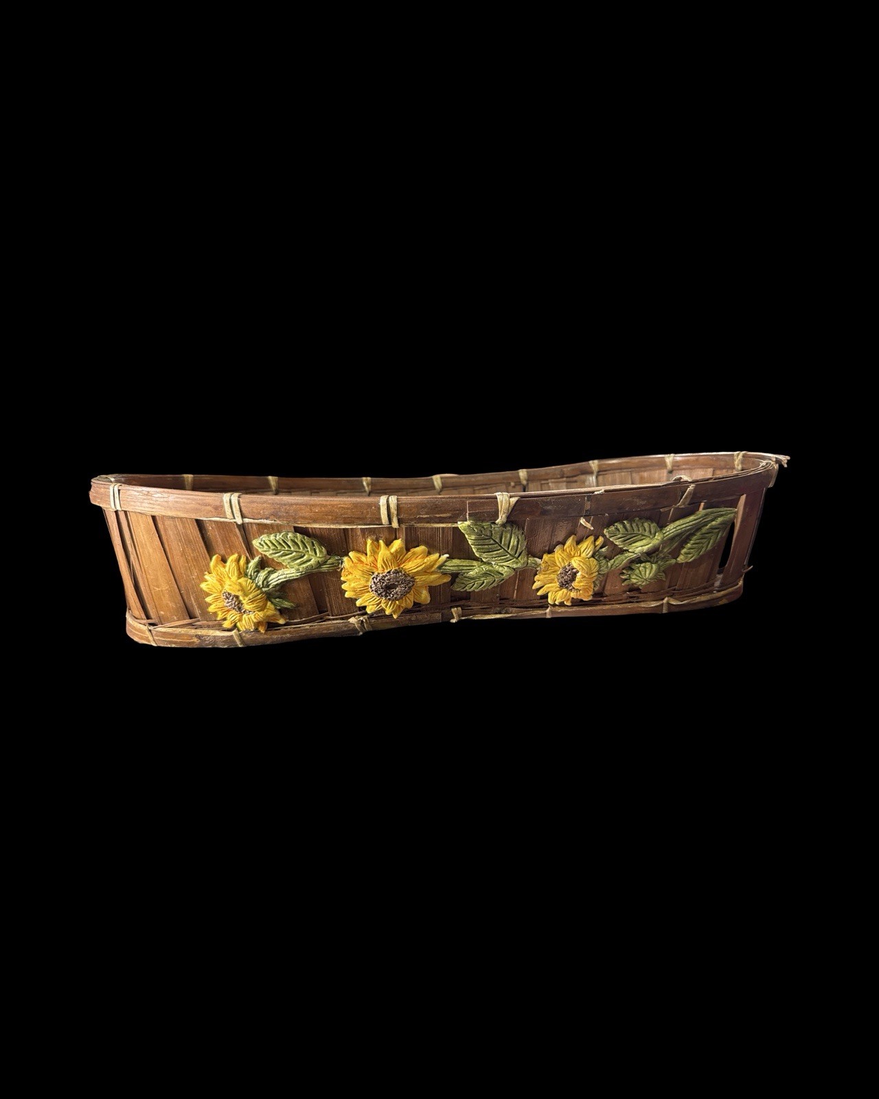 Vintage Handwoven Rattan Storage Basket With Floral Embellishments Handles 11x7