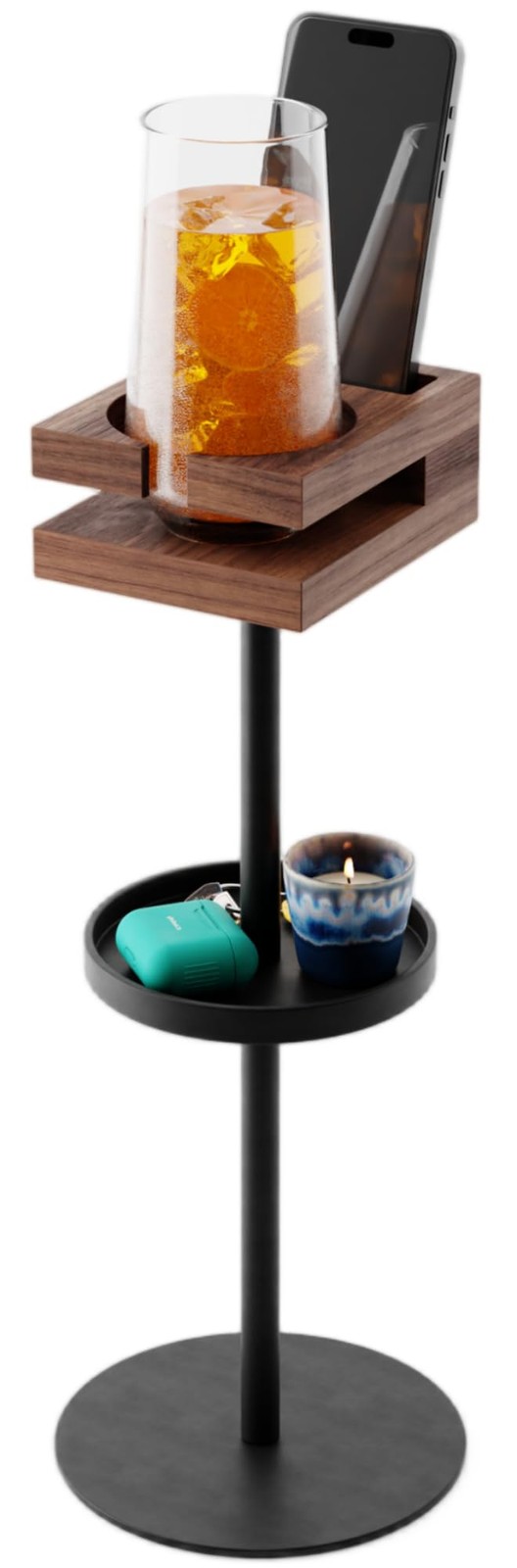 Drink Table for Small Spaces - Slim Pedestal Side Table with Real Wood Top & ...