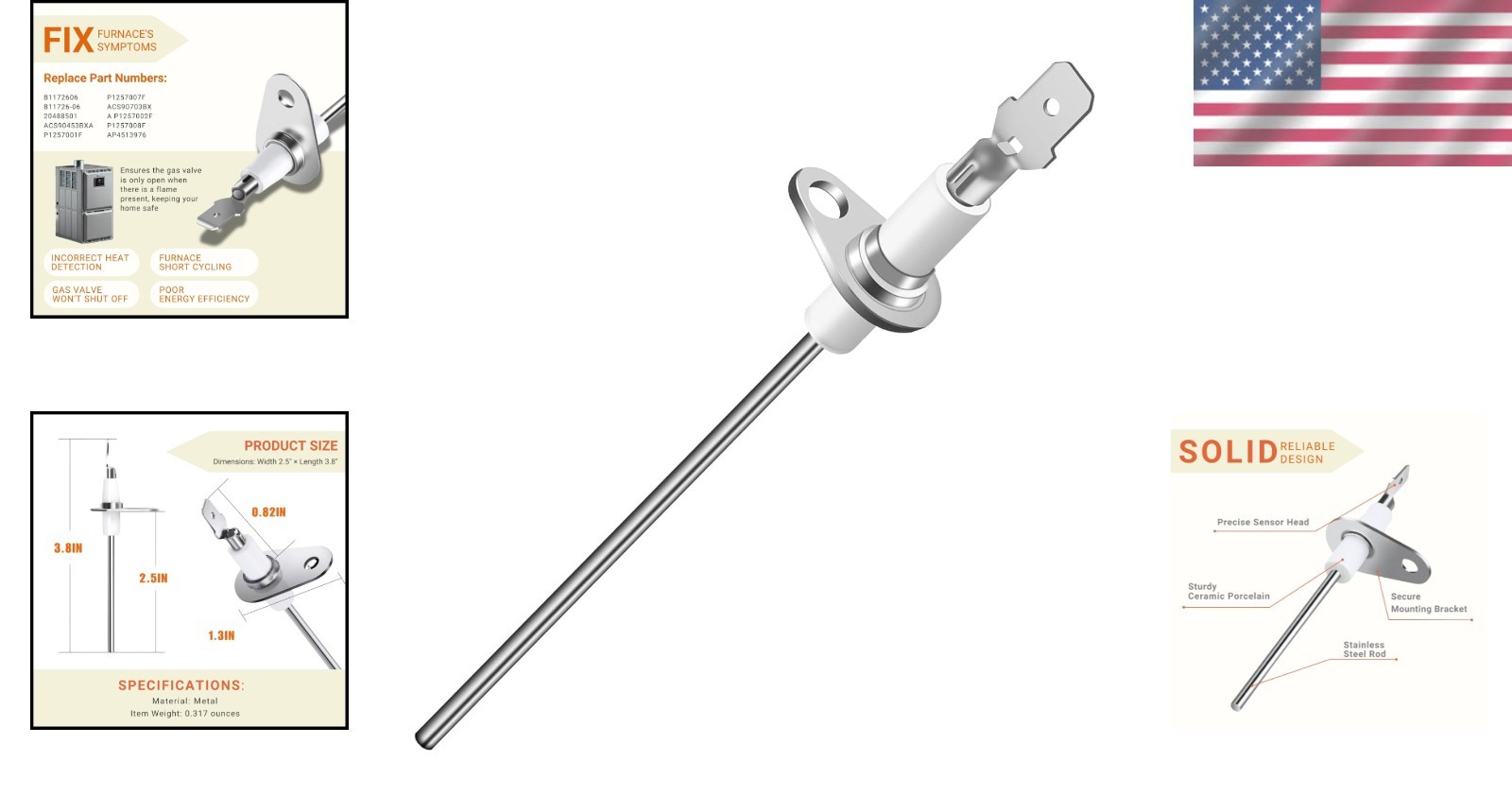 Durable Stainless Steel Flame Sensor for Efficient Flame Detection - 5x7x1