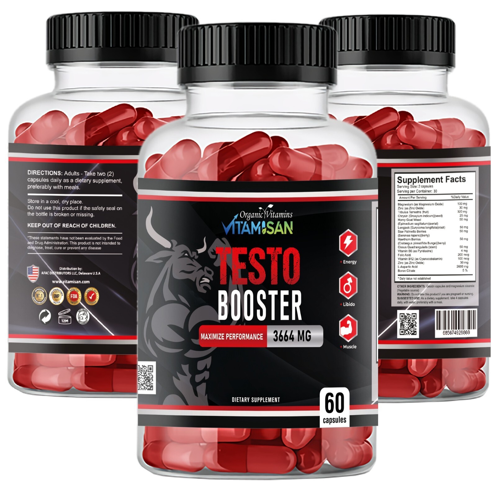 Testo Booster Supplement for Men 60 Caps | Vitality, Stamina, Energy | Vitamisan