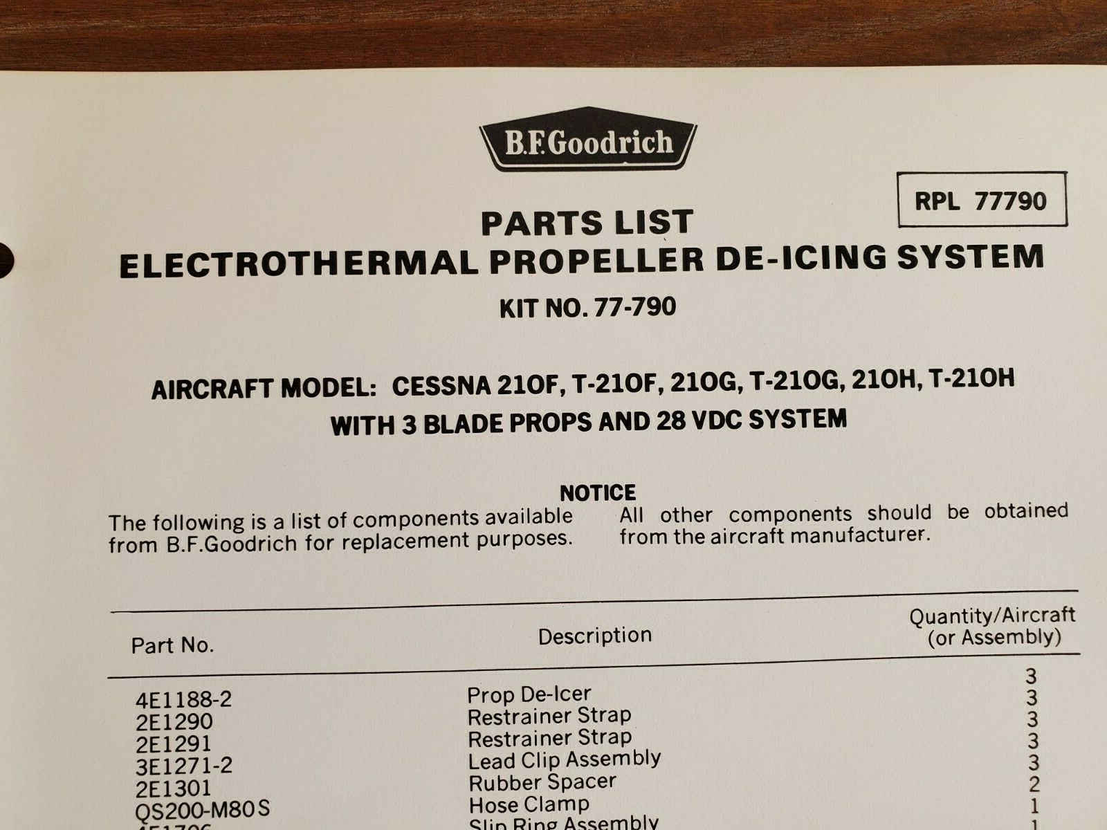 CESSNA 210 F G H BF GOODRICH ELECTROTHERMAL PROPELLER DE-ICING SYSTEM PARTS LIST