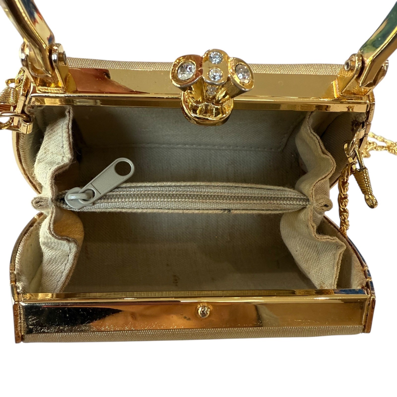 Gold Evening Clutch Handbag with Rhinestone Kiss Lock and Chain Strap