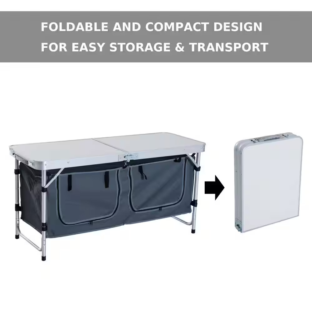 48 In. Aluminum Folding Camping Table with Carrying Handle and Storage Organizer