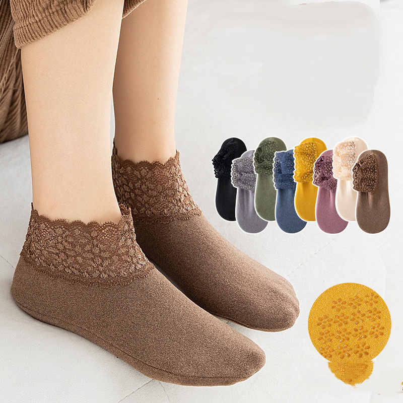 5 Pairs Women Lace Flower Low Cut Socks Stretchy Winter Warm Non Slip Socks