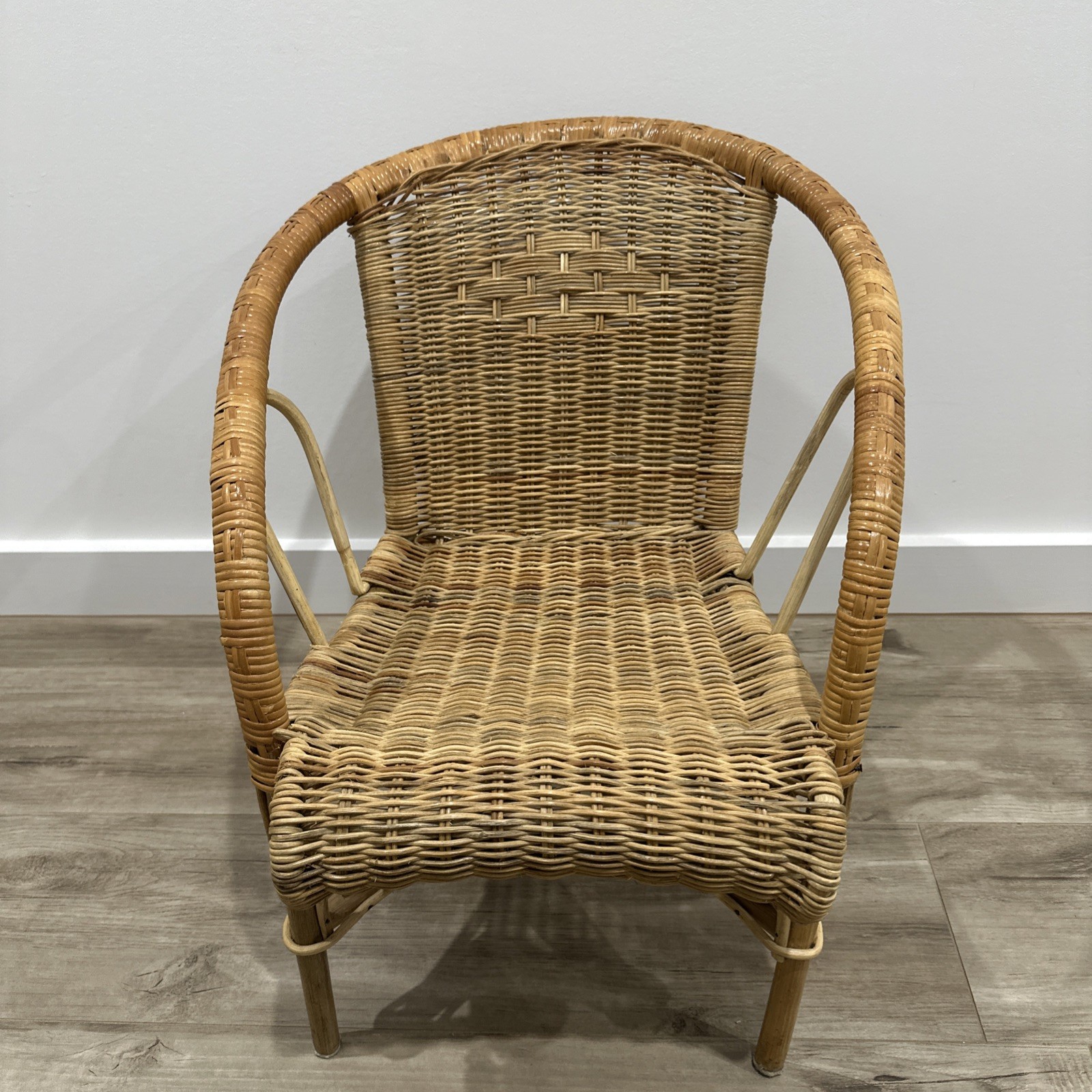 Vintage Child Size Wicker Chair Cane Rattan Boho Kids Furniture Handmade Decor