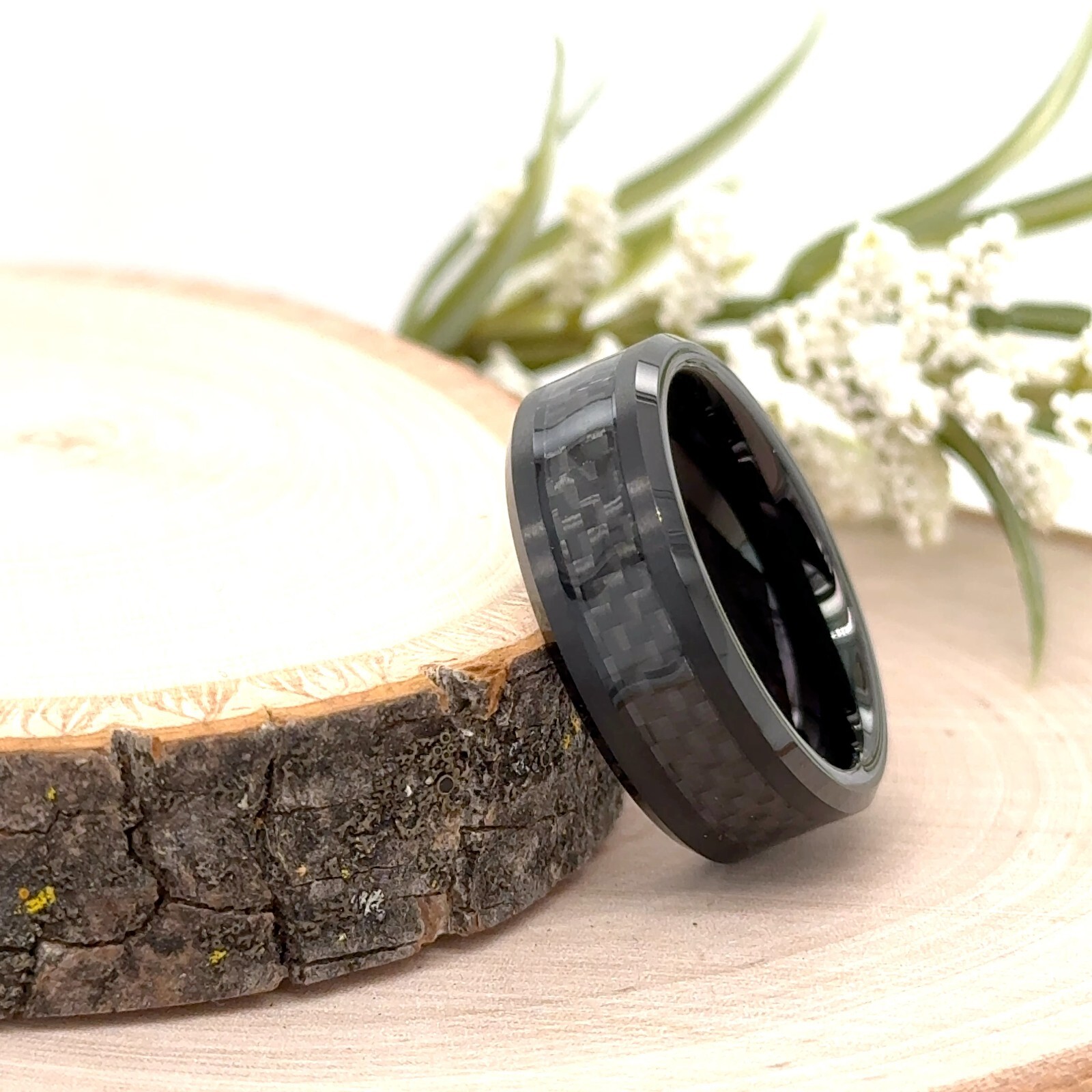 Black Tungsten Engraved Christmas Gifts Band 8mm Carbon Fiber Inlay Classic Ring
