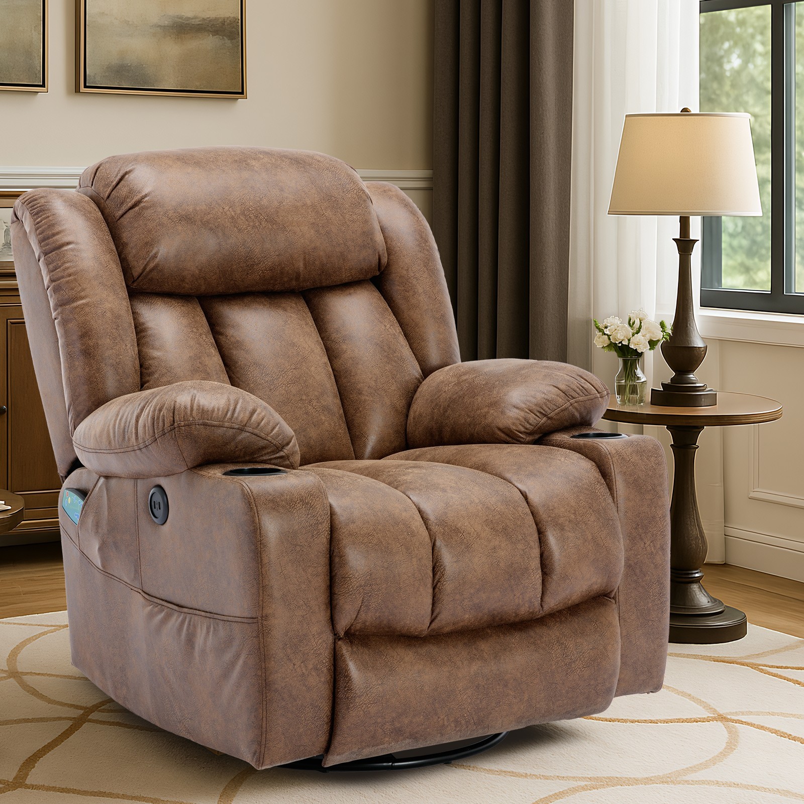 Manual Swivel Rocker Recliner Glider Chair Lounge Sofa w/ Massage Heat USB Ports