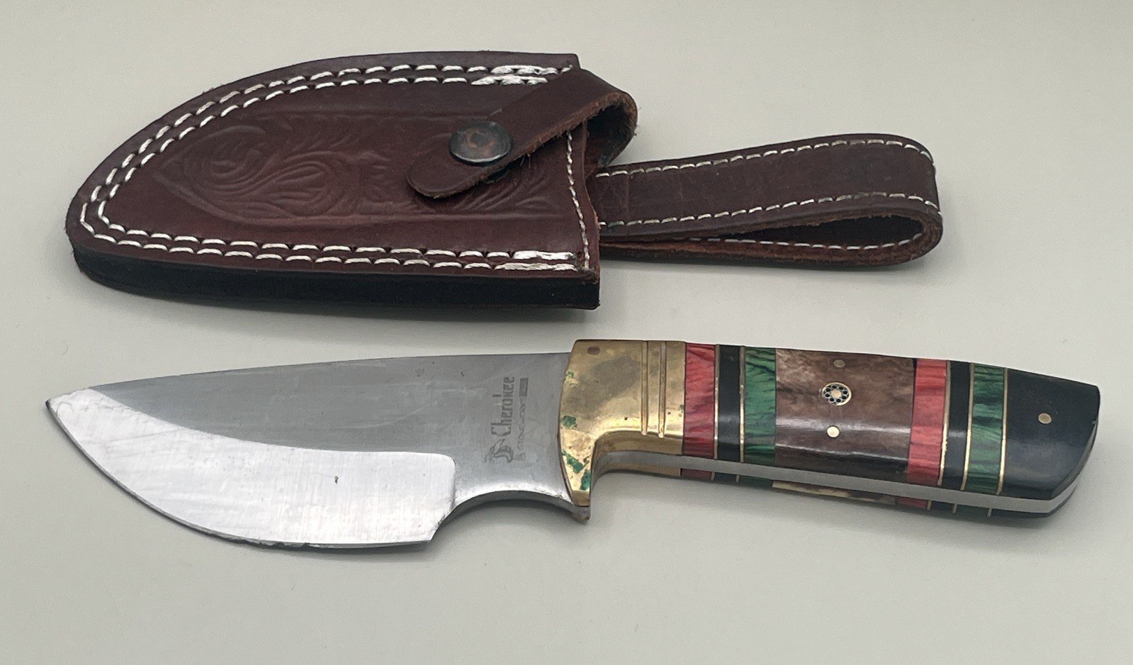 Cherokee Stone Works River Canyon 9" Bowie Skinning Knife Horn Wood Bone Leather