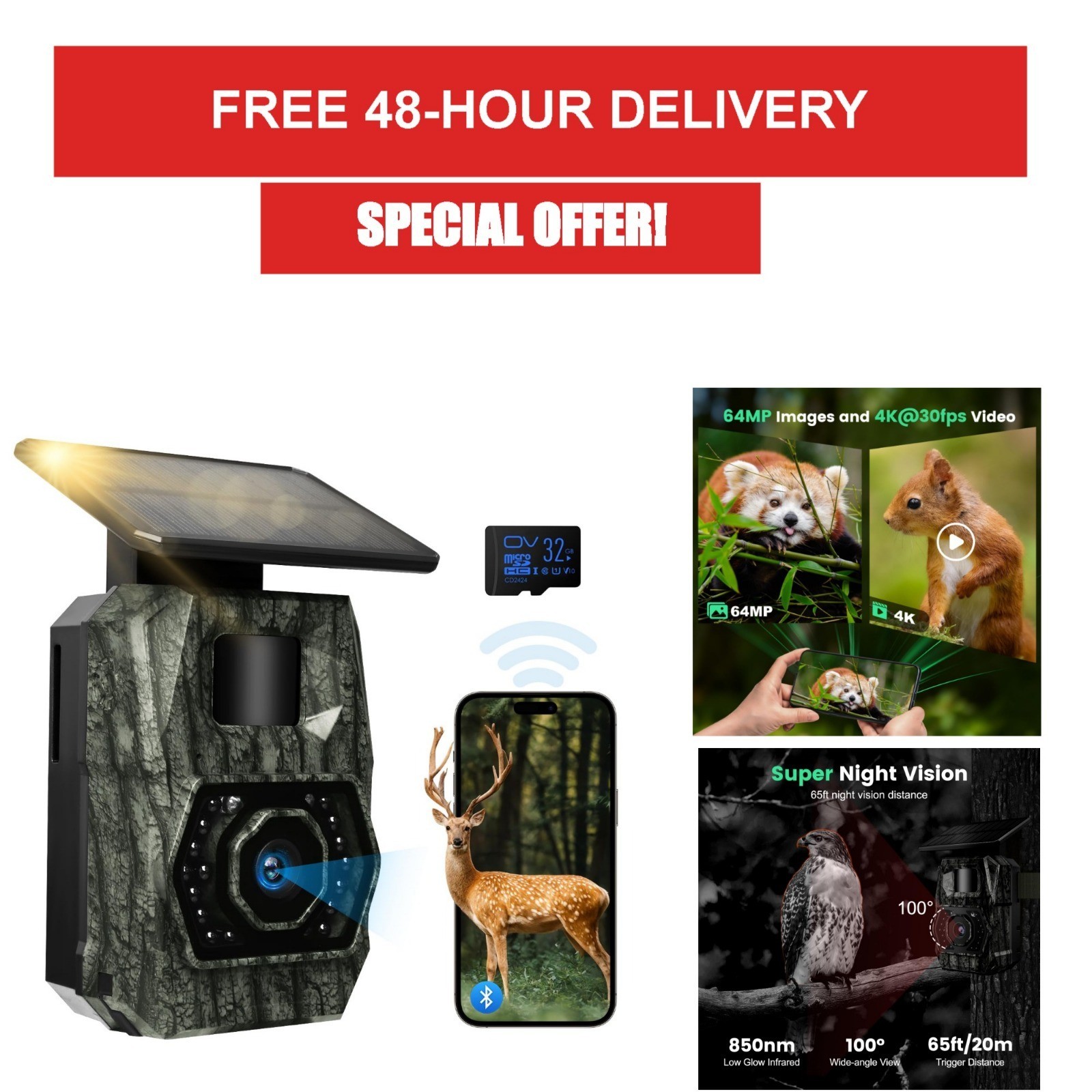 MAXDONE Solar Trail Camera 64MP 4K Night Vision WiFi Bluetooth IP66