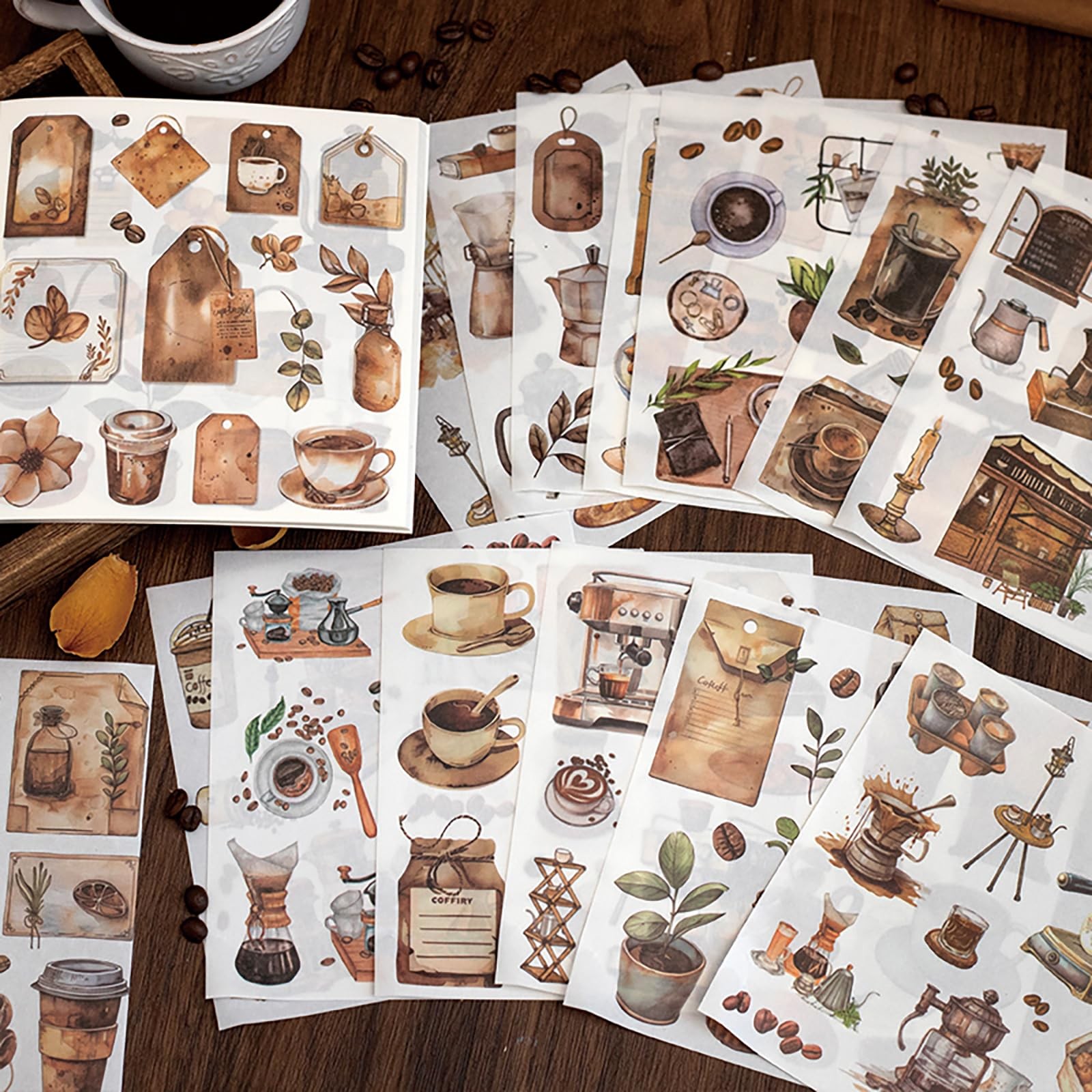 Coffee Sticker Scrapbooking Supplies for Junk Journal, 50 Sheets Multicolor