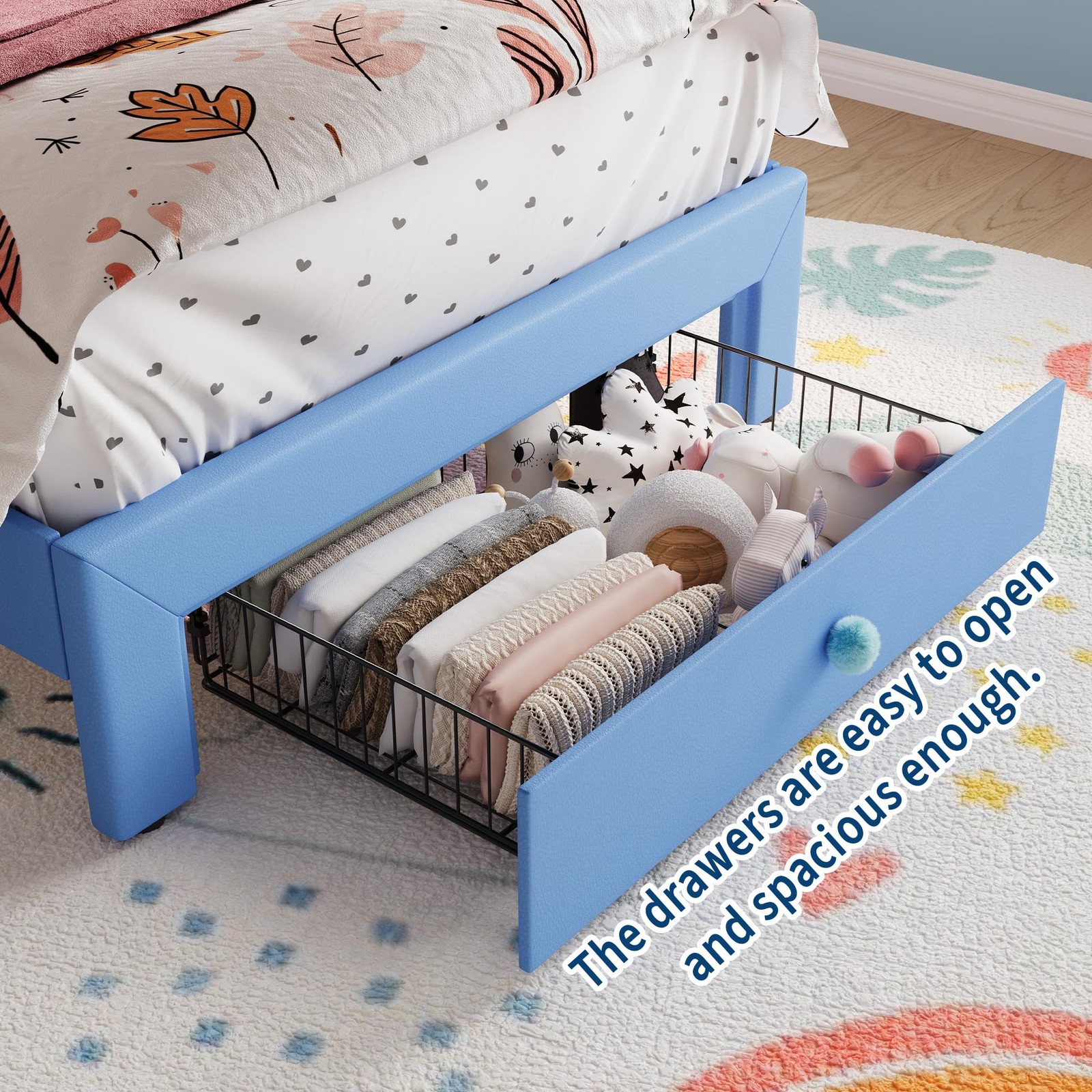 Twin Size Bed Frame w/Velvet Crystal Button Headboard & LED Light Platform ,Blue