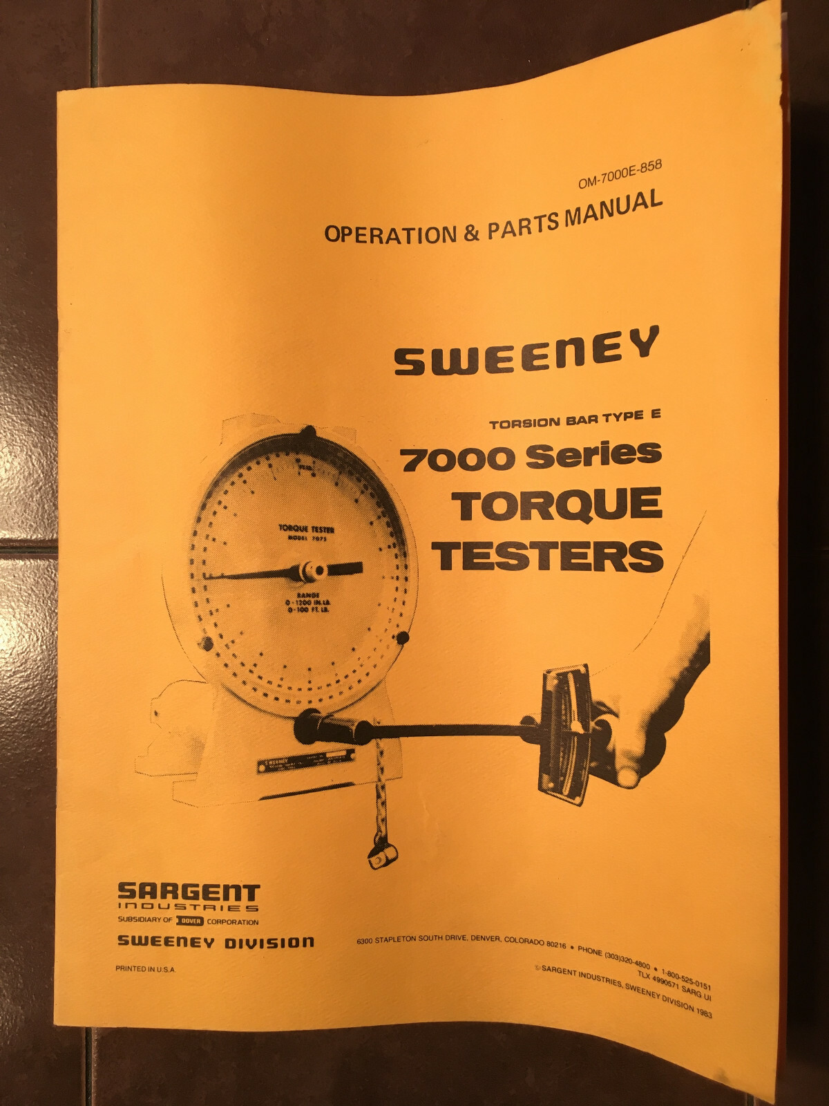 Sweeney Torsion Bar Type E, 7000 Torque Testers Operation & Parts Manual.