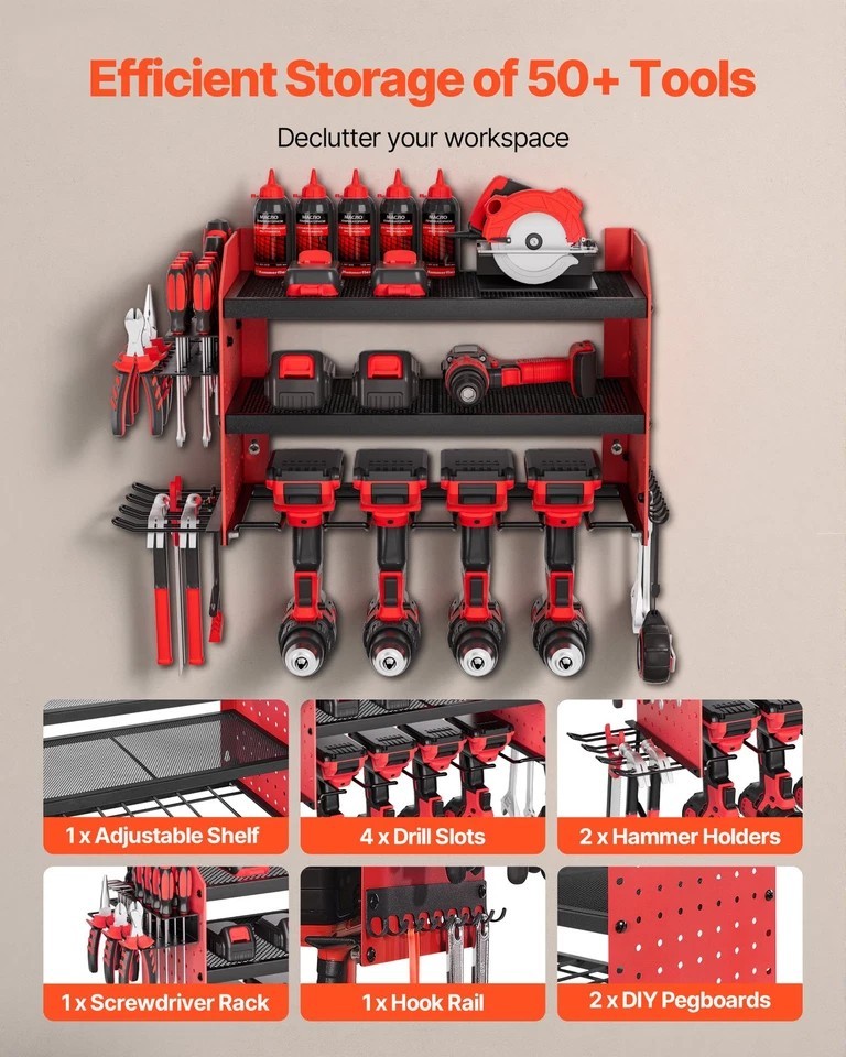 Power Tool Organizer Wall Mount 3-Layer Drill Storage Rack 4 Drill Holders